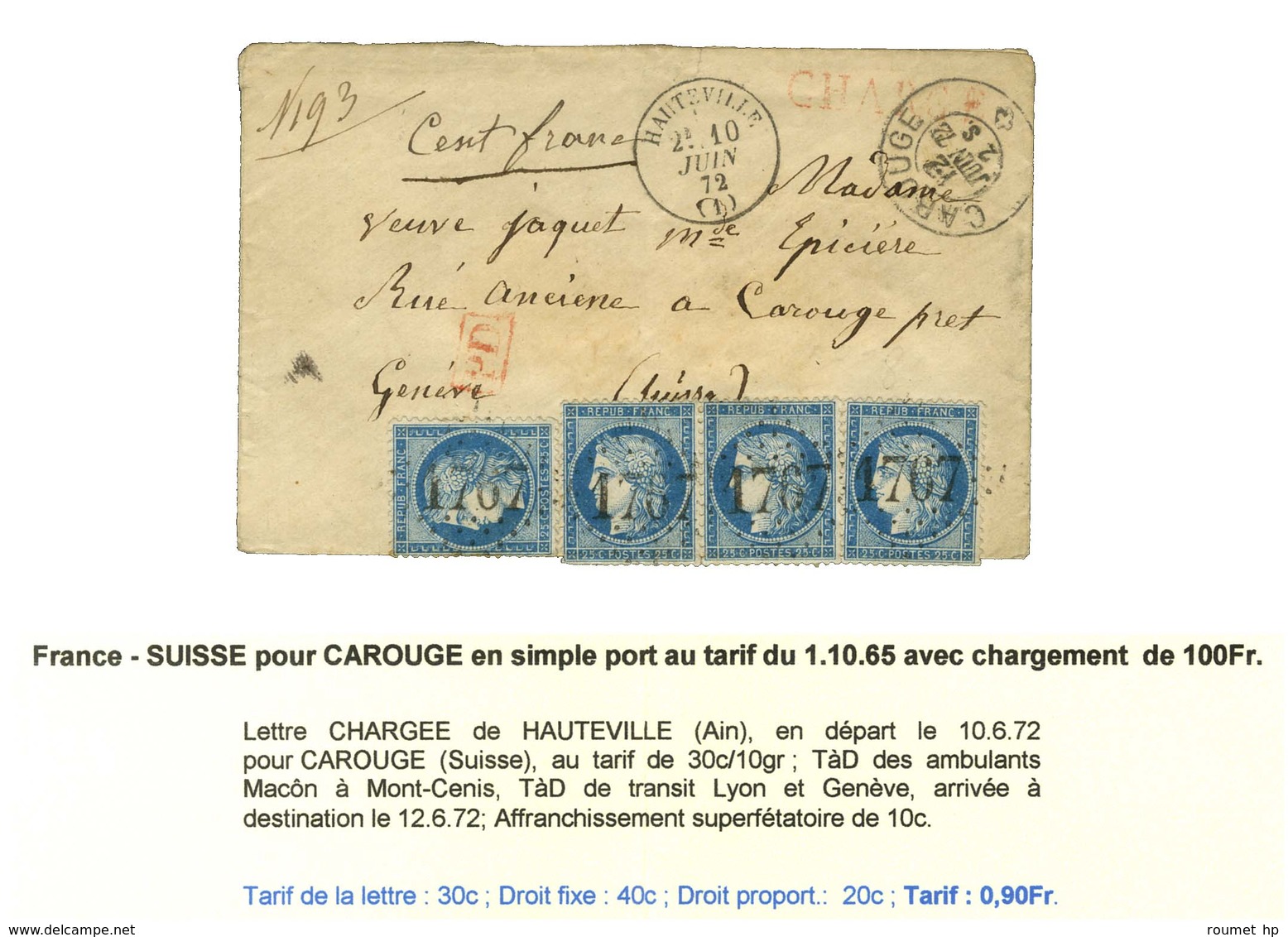 GC 1767 / N° 60 Bande De 3 + 1 Ex. Càd T 16 HAUTEVILLE (1) Sur Lettre Chargée Pour Carouge (Suisse) Càd D'arrivée Au Rec - 1871-1875 Cérès