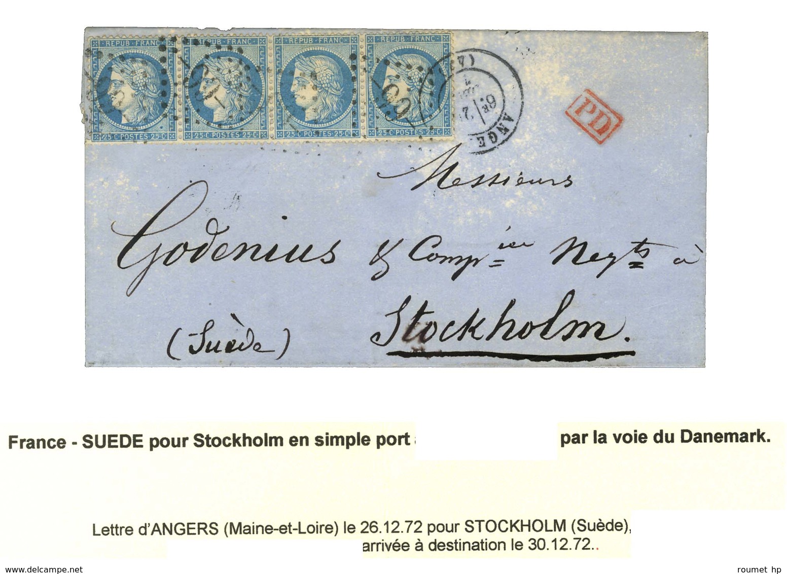 GC 99 / N° 60 Bande De 4 Càd T 17 ANGERS Sur Lettre Pour Stockholm Par La Voie Du Danemark. 1872. - TB. - 1871-1875 Cérès