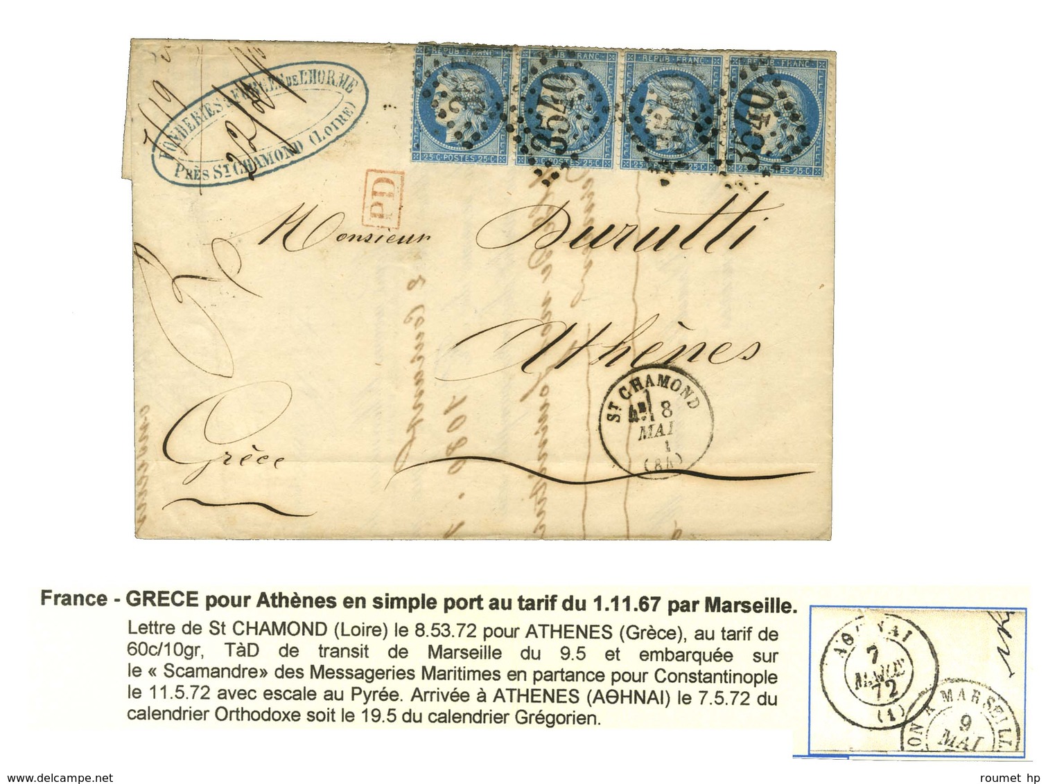 GC 3540 / N° 60 (bande De 4, 2 Ex. Leg Def) Càd St CHAMOND (84) Sur Lettre Pour Athènes. 1872. - TB. - 1871-1875 Cérès
