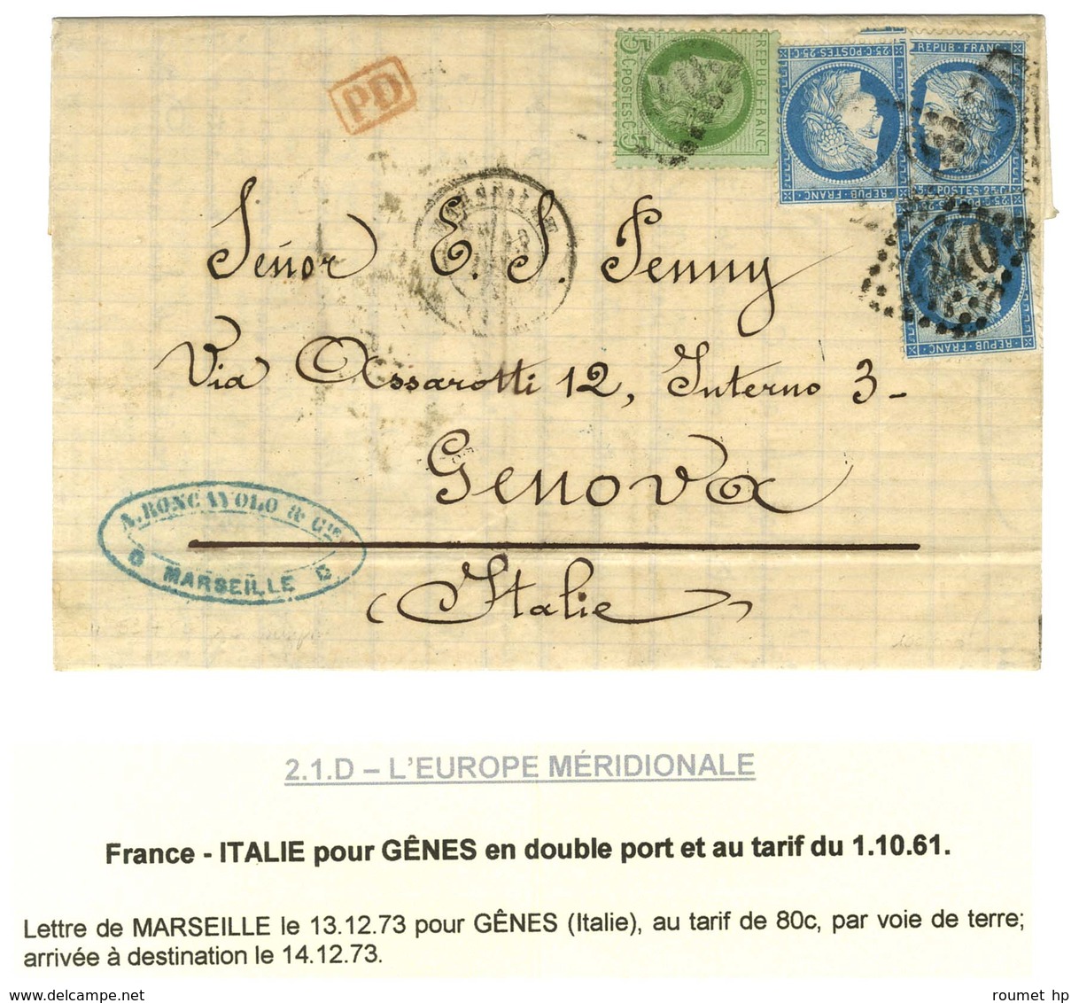 GC 2240 / N° 53 + 60 (3) Sur Lettre 2 Ports Pour Gênes. 1873. - TB. - 1871-1875 Cérès