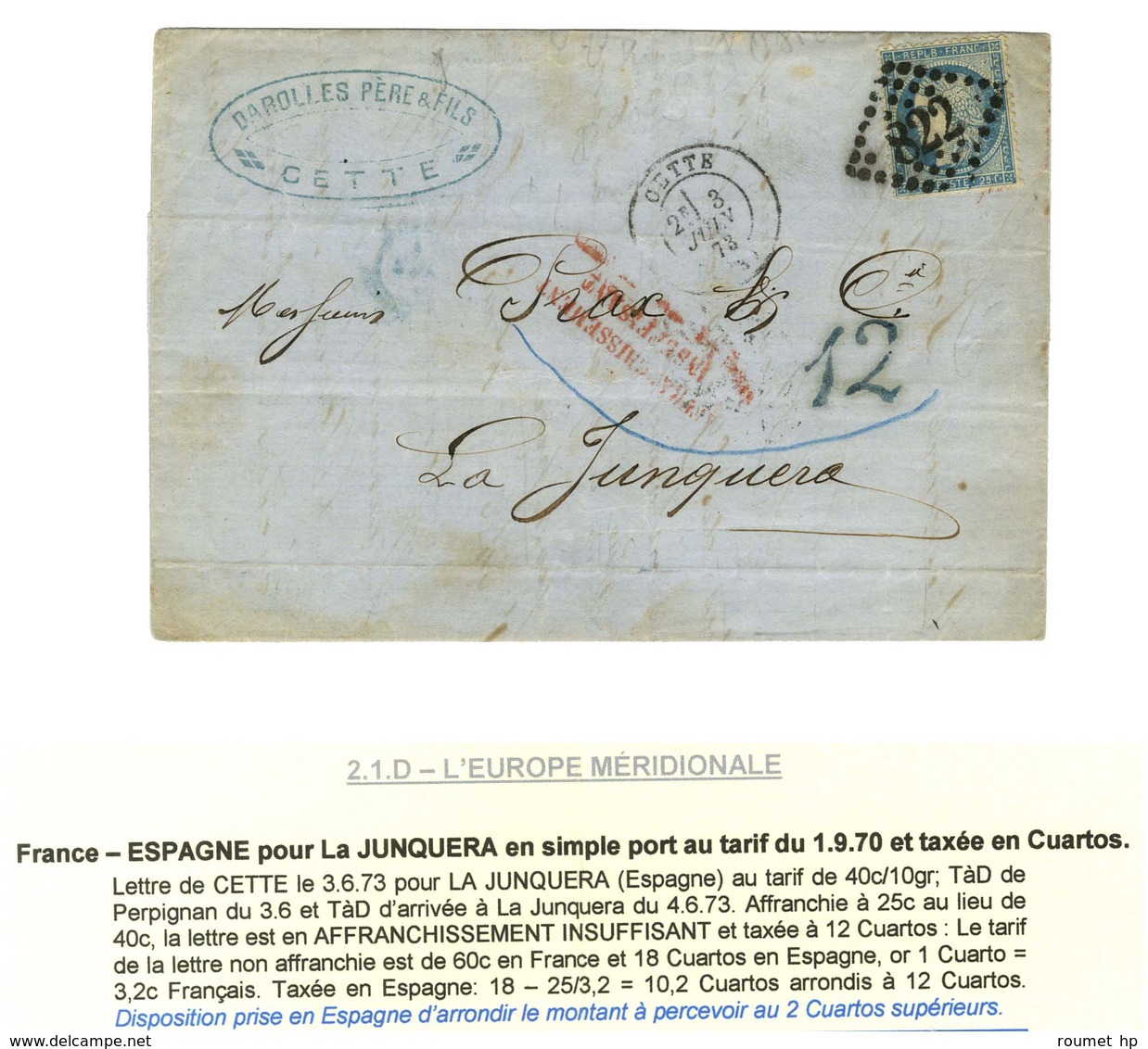 GC 822 / N° 60 Càd T 17 CETTE (33) Sur Lettre Insuffisamment Affranchie Pour La Junquera Taxée 12 Cuartos Au Tampon Bleu - 1871-1875 Cérès