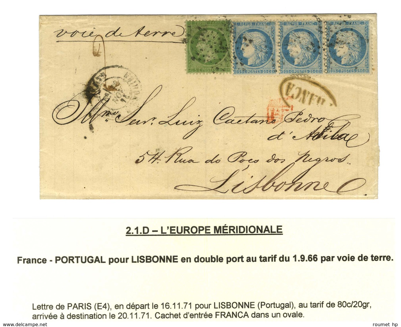 Etoile 4 / N° 20 + 60 Bande De 3 Càd PARIS / R. D'ENGHIEN Sur Lettre 2 Ports Pour Lisbonne Par La Voie De Terre.1871. -  - 1871-1875 Cérès