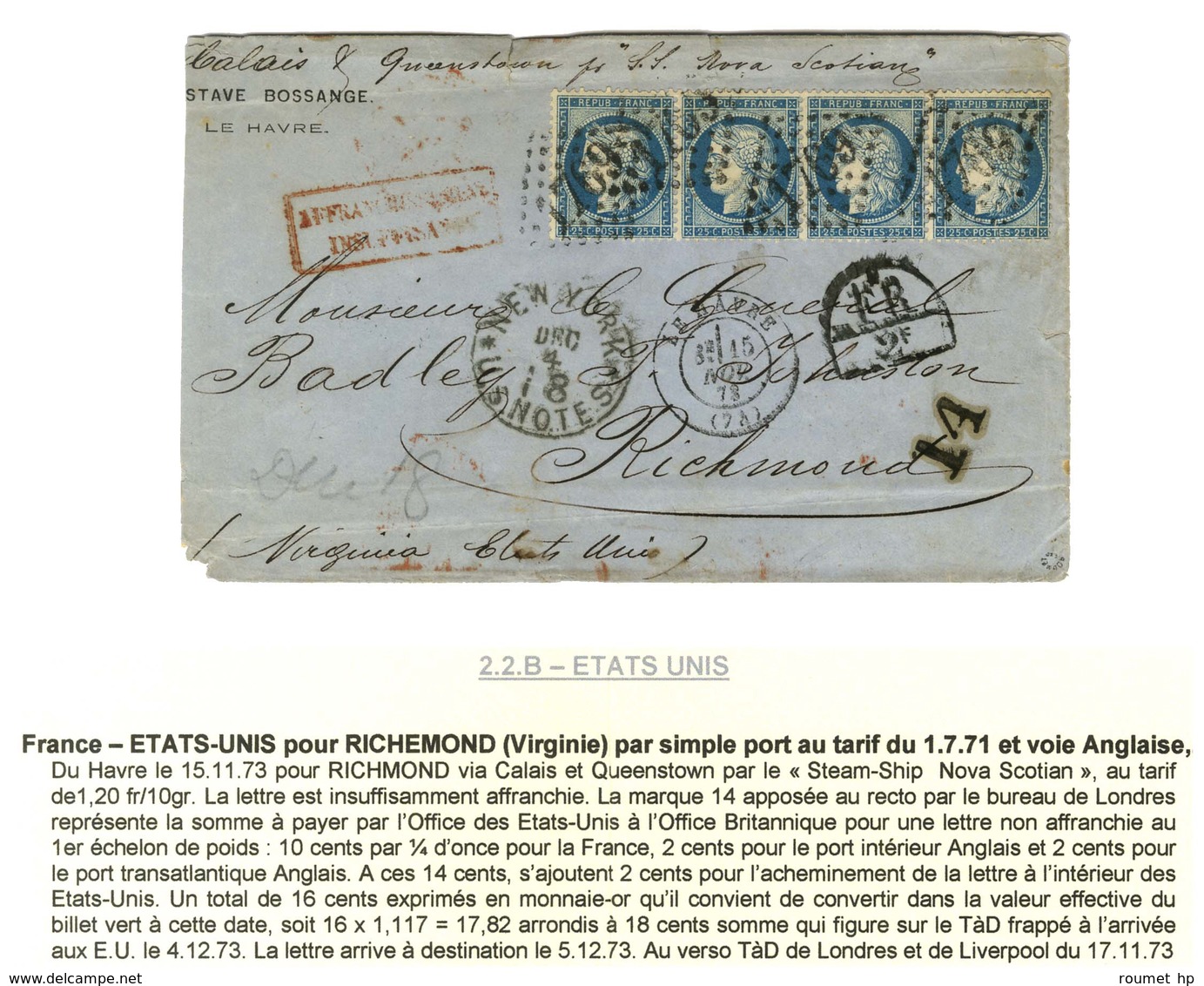 GC 1769 / N° 60 Bande De 4 Càd T 17 LE HAVRE (74) Sur Lettre Insuffisamment Affranchie Pour Richmond (Virginie Etats-Uni - 1871-1875 Cérès