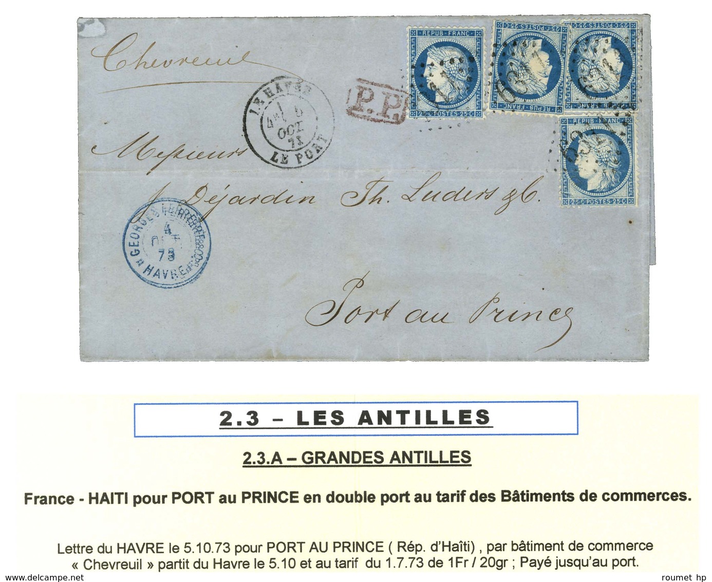 GC 6311 / N° 60 (4, 1 Ex. Infime Froissure) Càd LE HAVRE / LE PORT Sur Lettre 2 Ports Pour Port Au Prince Par La Voie De - 1871-1875 Cérès