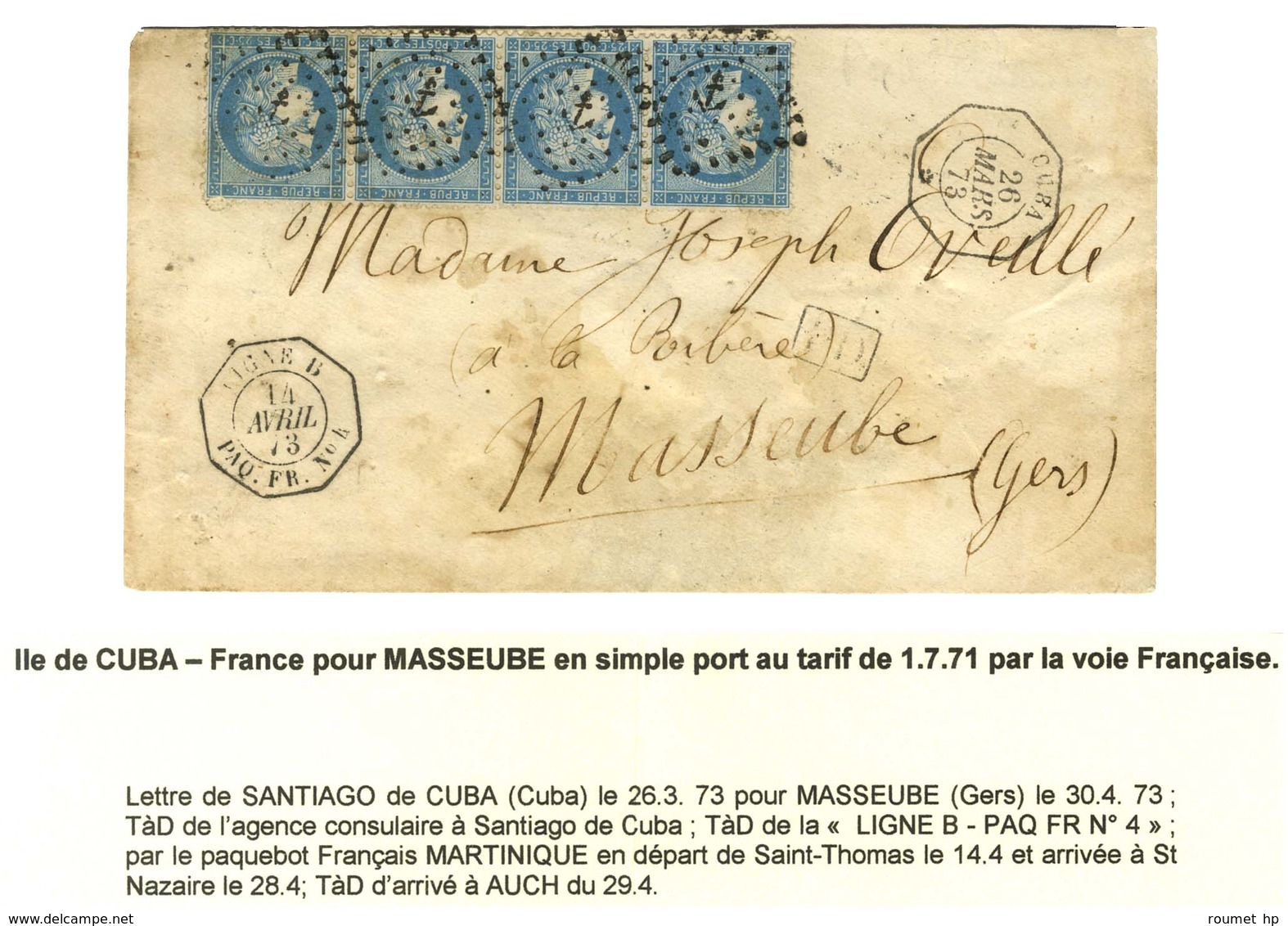 Ancre / N° 60 (bande De 4, 1 Ex. Leg Def) Càd Octo CUBA / * Sur Lettre Pour Masseube (Gers), Au Recto Càd Octo LIGNE B / - 1871-1875 Cérès