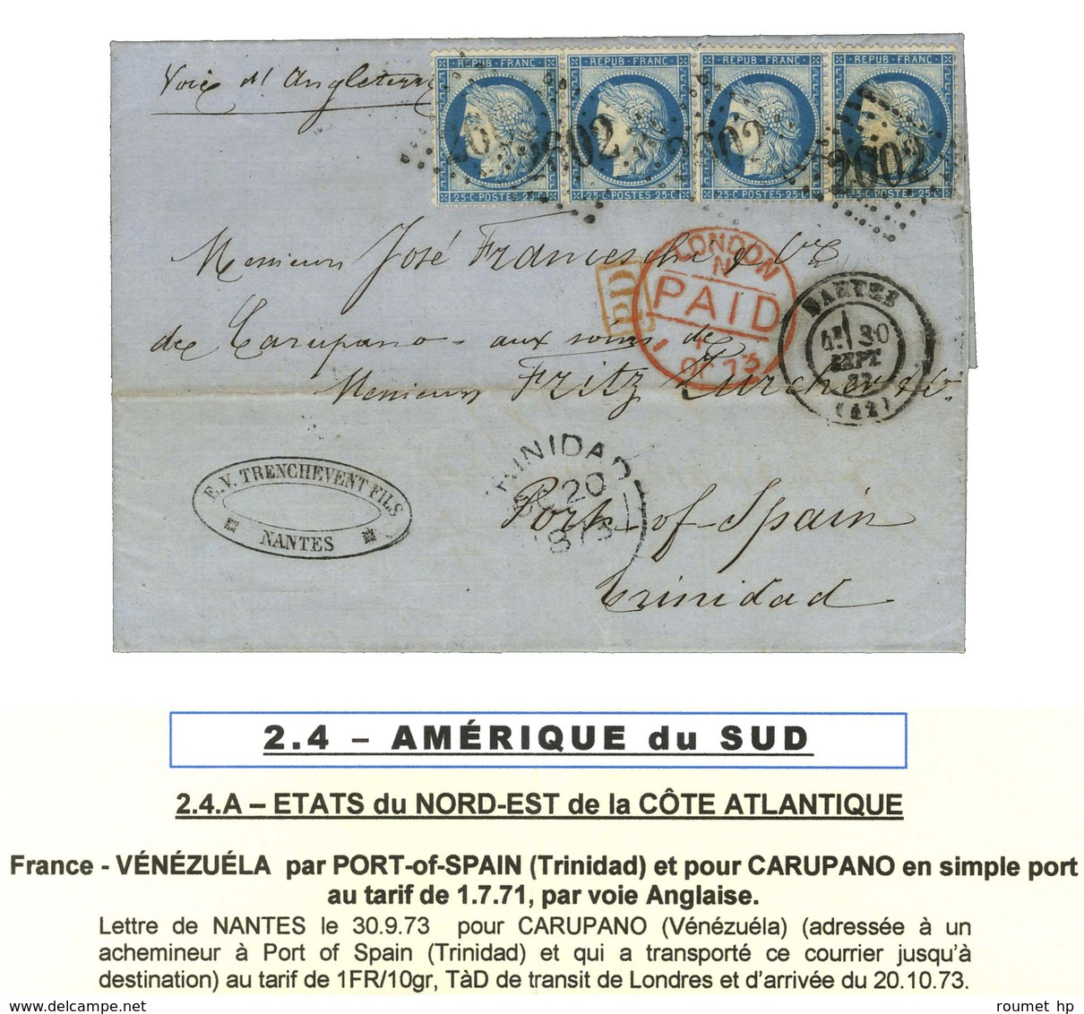 GC 2602 / N° 60 Bande De 4 Càd NANTES (42) Sur Lettre Adressée à Carupano Aux Bons Soins D'un Achemineur à Port Of Spain - 1871-1875 Cérès