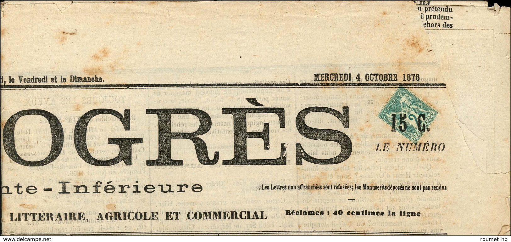 Oblitération Typo / N° 62 Type I Sur Journal Entier Le Progrès. 1876. - TB. - R. - 1876-1878 Sage (Type I)