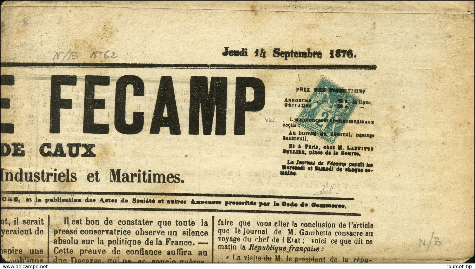 Oblitération Typo / N° 62 Sur Journal Entier LE JOURNAL DE FECAMP Du 14 Septembre 1876. - TB / SUP. - R. - 1876-1878 Sage (Type I)