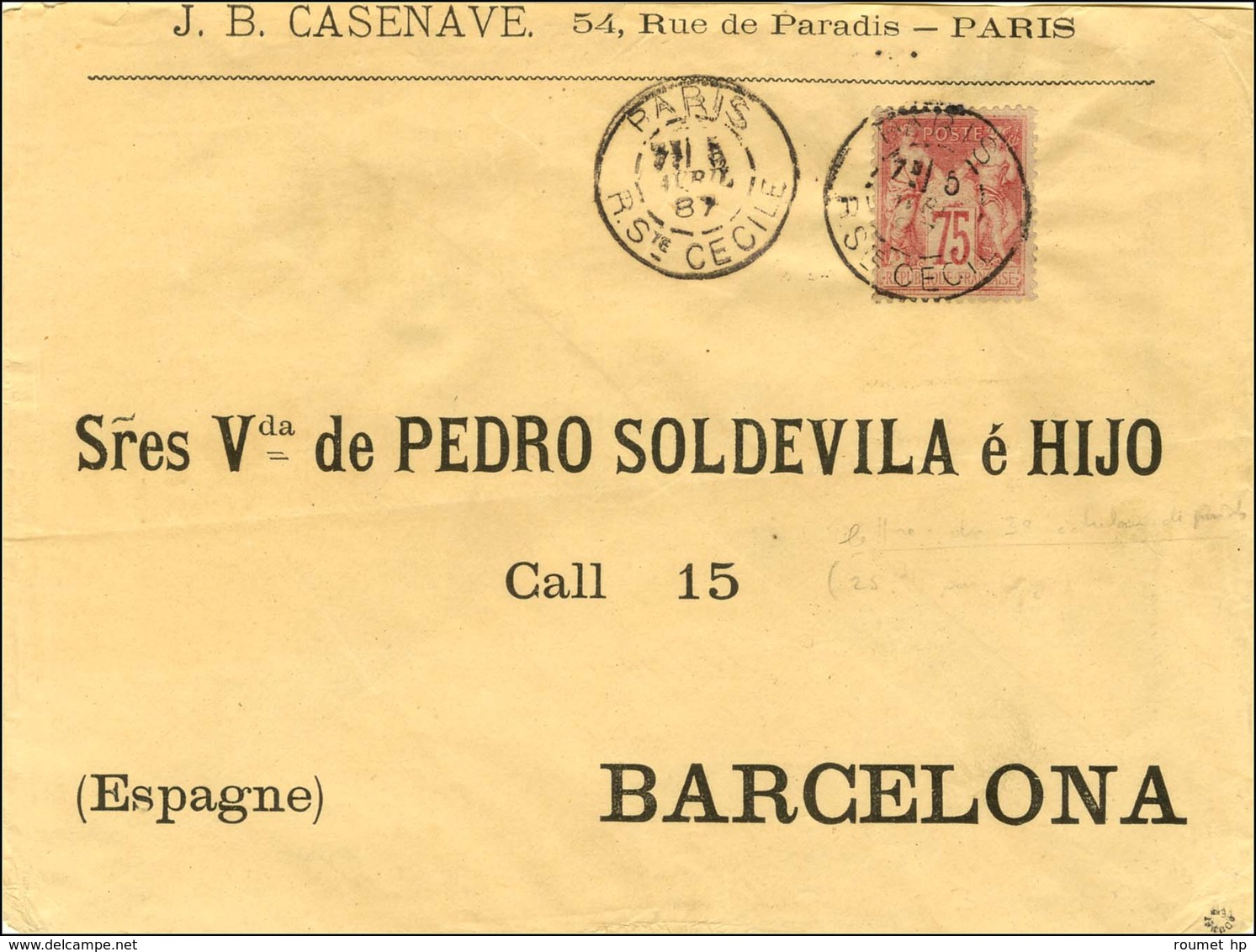 Càd PARIS / Ste CECILE / N° 81 Sur Lettre 3 Ports Pour Barcelone. 1887. - TB / SUP. - R. - 1876-1878 Sage (Type I)