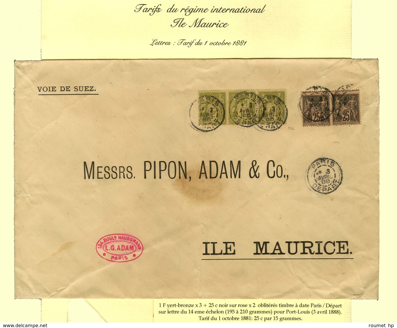 Càd PARIS / DEPART / N° 82 (3) + 97 (2) Sur Lettre Du 14e échelon Pour Port Louis. 1888. - TB. - R. - 1876-1878 Sage (Type I)