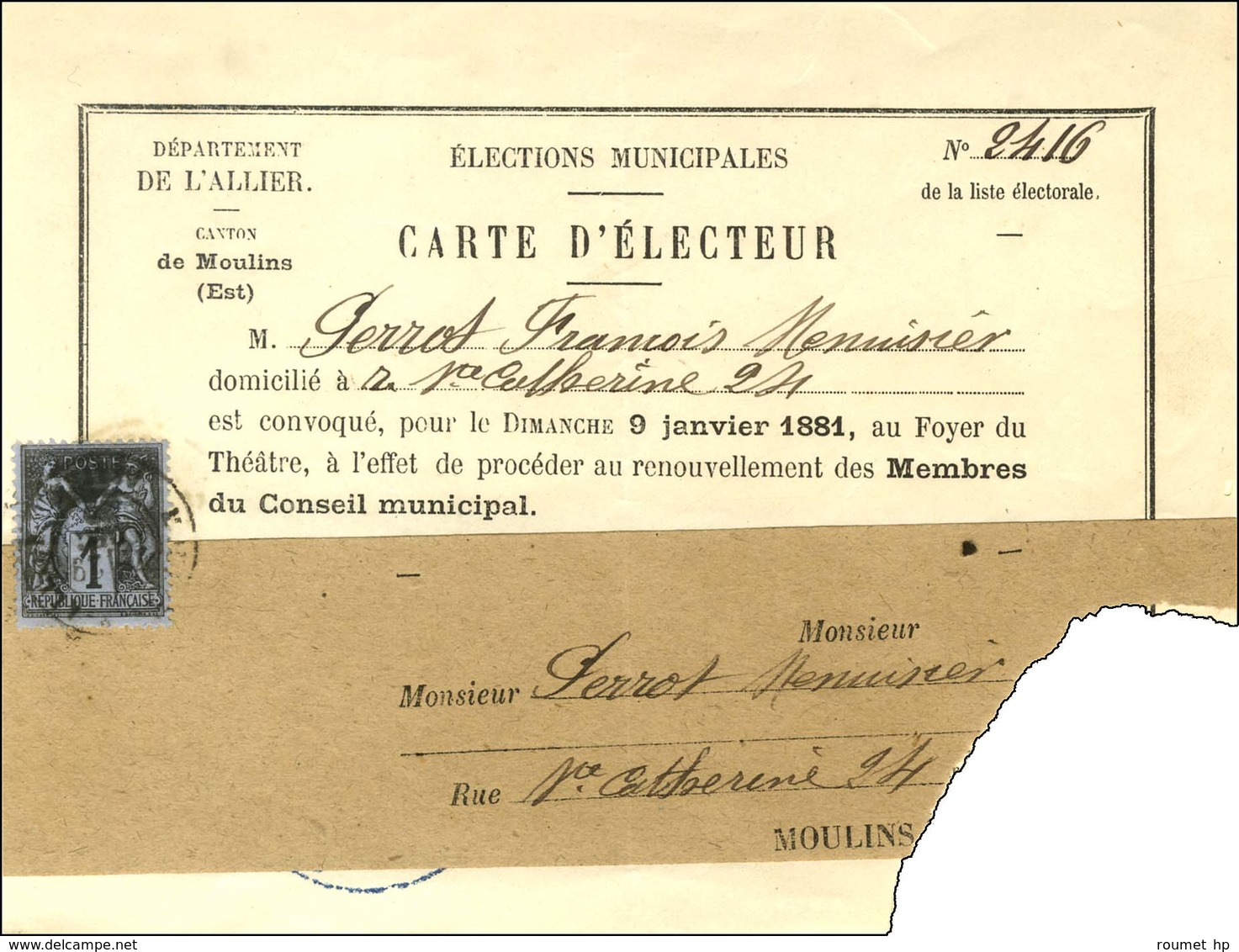 Càd / N° 83 Sur Carte D'électeur Adressée Sous Bande à Moulins. 1881. - TB. - R. - 1876-1878 Sage (Type I)