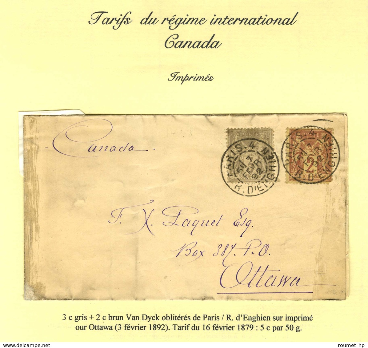 Càd PARIS 4 / R. D'ENGHIEN / N° 85 + 87 Sur Imprimé Pour Ottawa. 1892. - TB. - R. - 1876-1878 Sage (Type I)