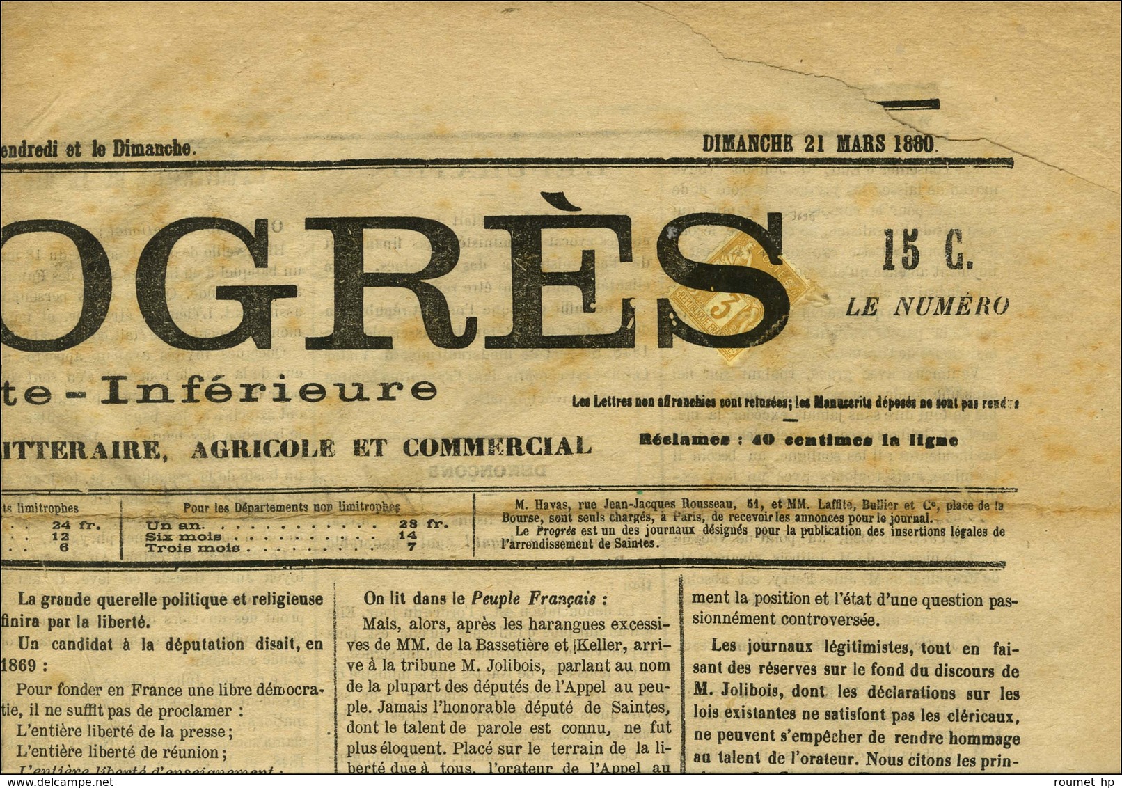 Oblitération Typo / N° 86 Sur Journal Entier LE PROGRES DE LA CHARENTE INFERIEURE (2ème échelon Rayon Général). 1880. -  - 1876-1878 Sage (Type I)