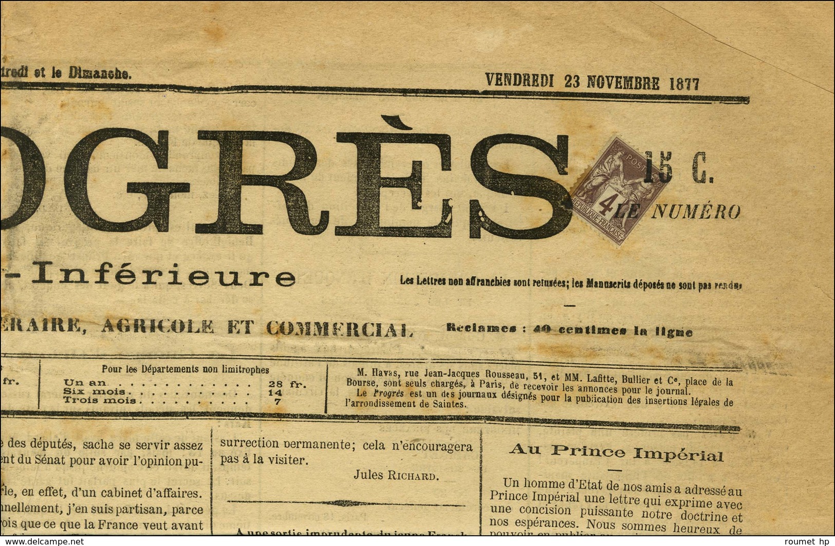 Oblitération Typo / N° 88 Sur Journal Entier LE PROGRES DE LA CHARENTE INFERIEURE (2ème échelon Rayon Général). 1877. -  - 1876-1878 Sage (Type I)