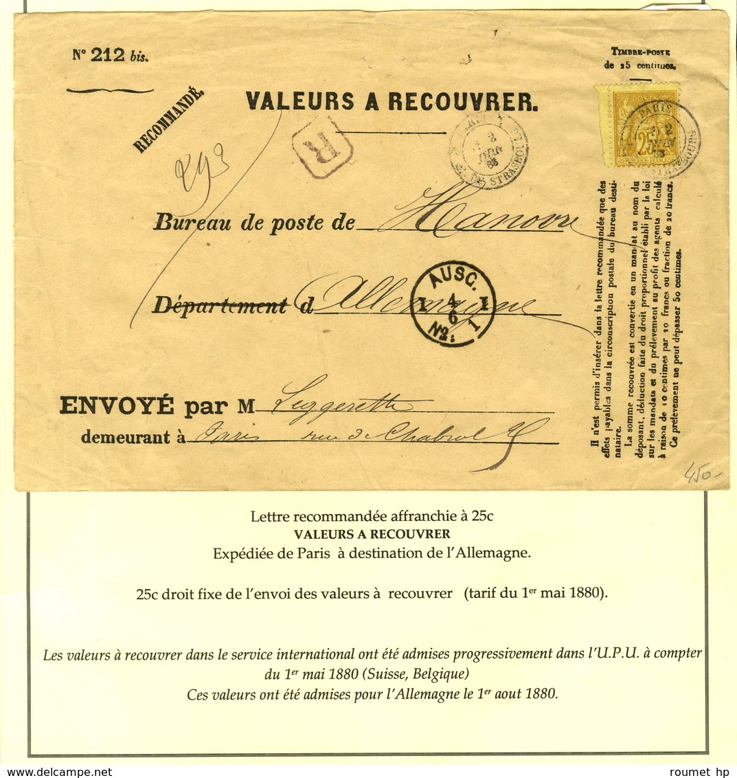 Càd PARIS / R. DE STRASBOURG / N° 92 Sur Valeurs à Recouvrer Recommandées Pour L'Allemagne. 1883. - TB / SUP. - R. - 1876-1878 Sage (Type I)