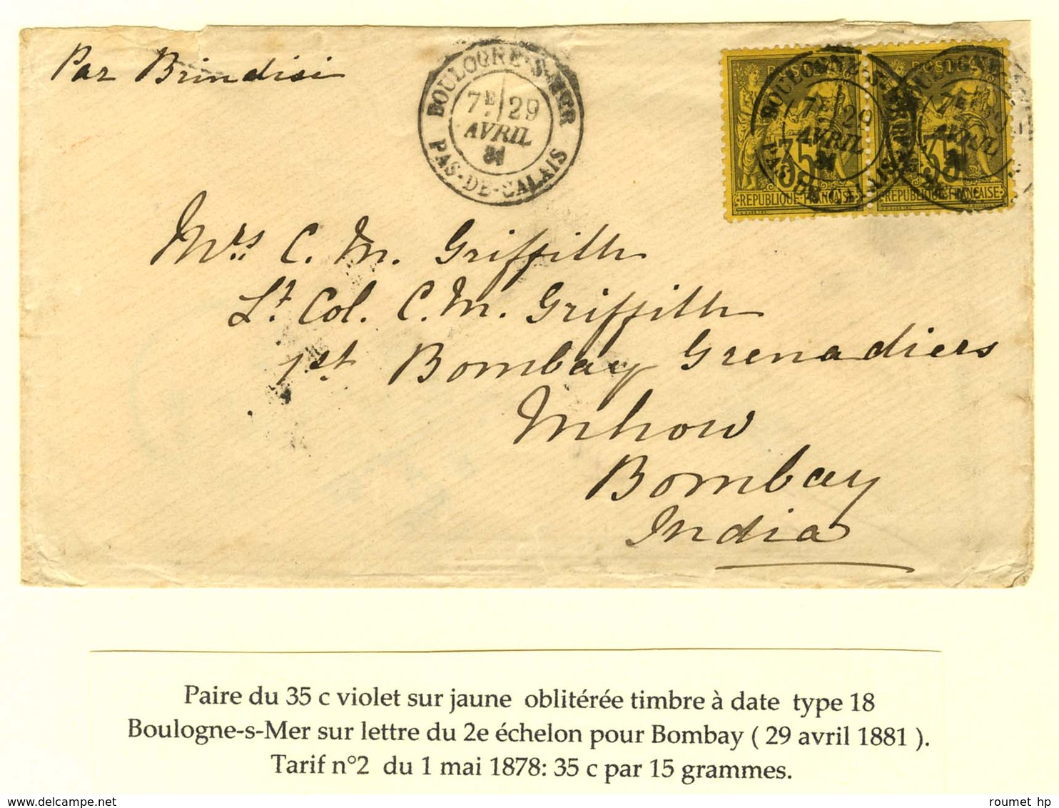 Càd BOULOGNE-S-MER / PAS DE CALAIS / N° 93 Paire Sur Lettre 2 Ports Pour Bombay. 1881. - SUP. - R. - 1876-1878 Sage (Type I)