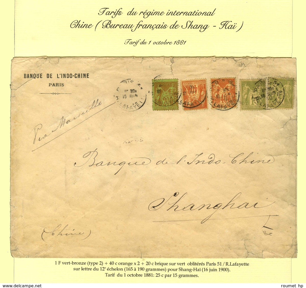 Càd PARIS 51 / R. LAFAYETTE / N° 82 (2, 1 Ex. Def) + 94 (2) + 96 Sur Lettre 12 Ports Pour Shanghai. 1900. Rare Associati - 1876-1878 Sage (Type I)