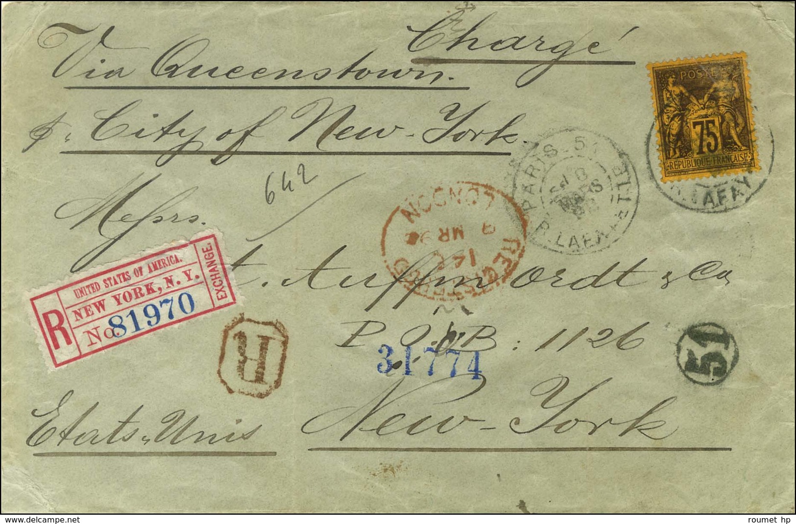 Càd PARIS 51 / R. LAFAYETTE / N° 99 Sur Lettre Chargée Pour New-York. Au Recto, étiquette De Recommandation Pour New Yor - 1876-1878 Sage (Type I)