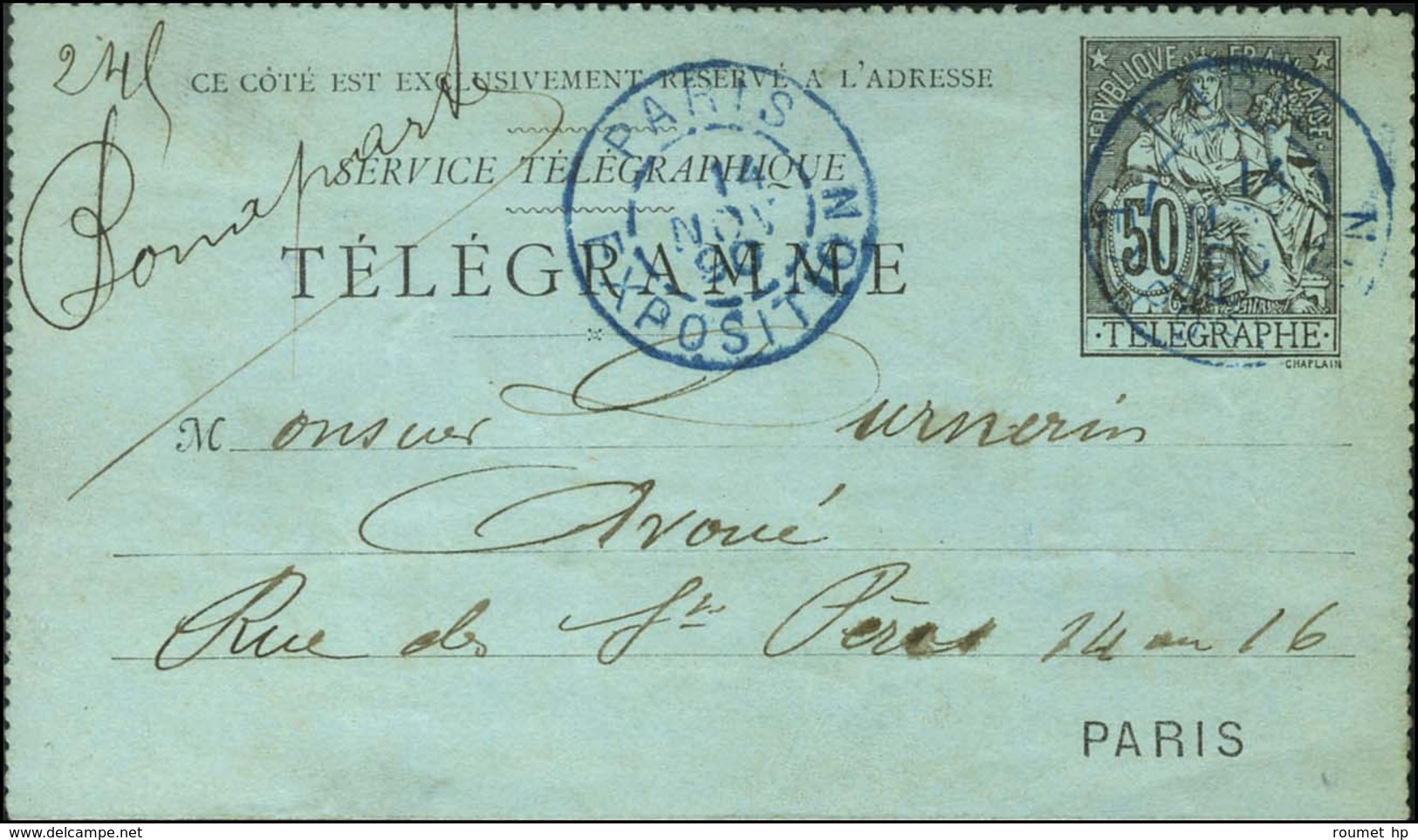 Cachet Bleu PARIS / EXPOSITION 14 NOV. 90 Sur Entier 50c Télégraphes Pour La Rue Des Saint Pères. - TB / SUP. - RR. - 1876-1878 Sage (Type I)