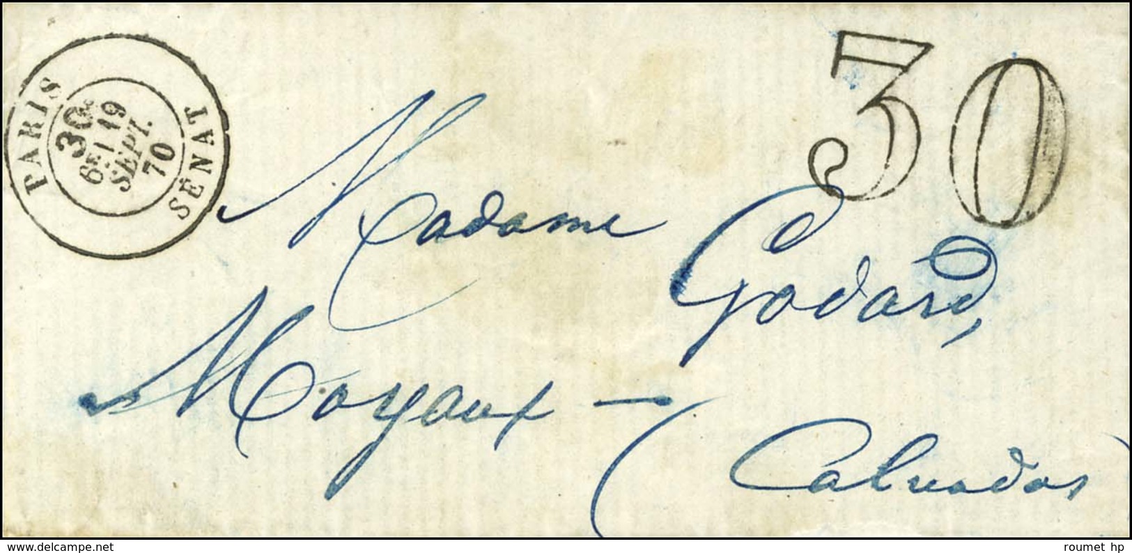 Càd Taxe 30 SÉNAT 19 SEPT. 70 + Taxe 30 DT Sur Lettre Pour Moyaux (Calvados), Càd D'arrivée 23 OCT.70. Très Rare Combina - Oorlog 1870