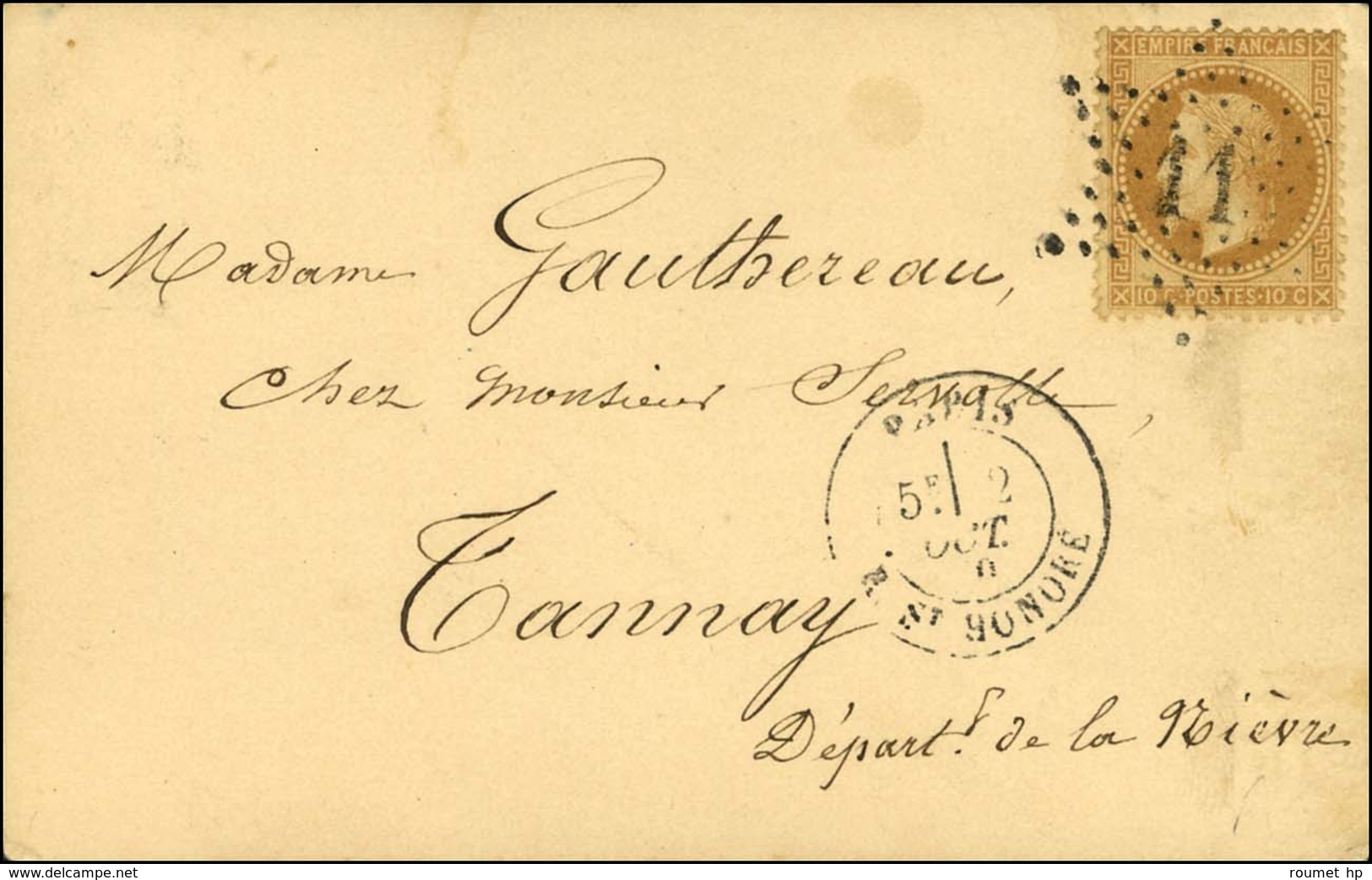 Etoile 11 / N° 28 Càd PARIS / R. ST HONORE 2 OCT. 70 Sur Carte Pour Tannay Sans Càd D'arrivée. L'ARMAND BARBES Probable. - War 1870