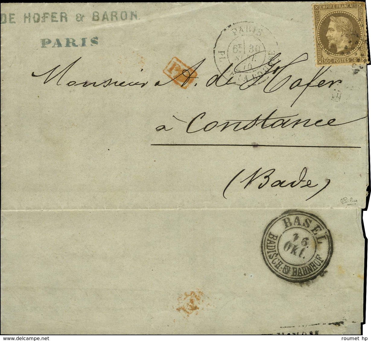 Etoile 1 / N° 30 Càd PARIS / PL. DE LA BOURSE 30 SEPT. 70 Sur Lettre Pour Constance (Bade). Au Verso, Càd De Passage BAS - War 1870