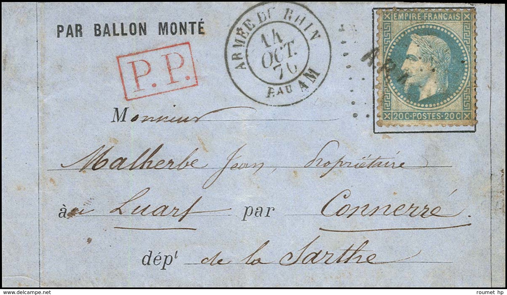 Losange ARAM / N° 29 Càd ARMÉE DU RHIN / Bau AM 14 OCT. 70 + P.P. (R) Sur Lettre PAR BALLON MONTÉ Pour Connerré, Au Vers - War 1870