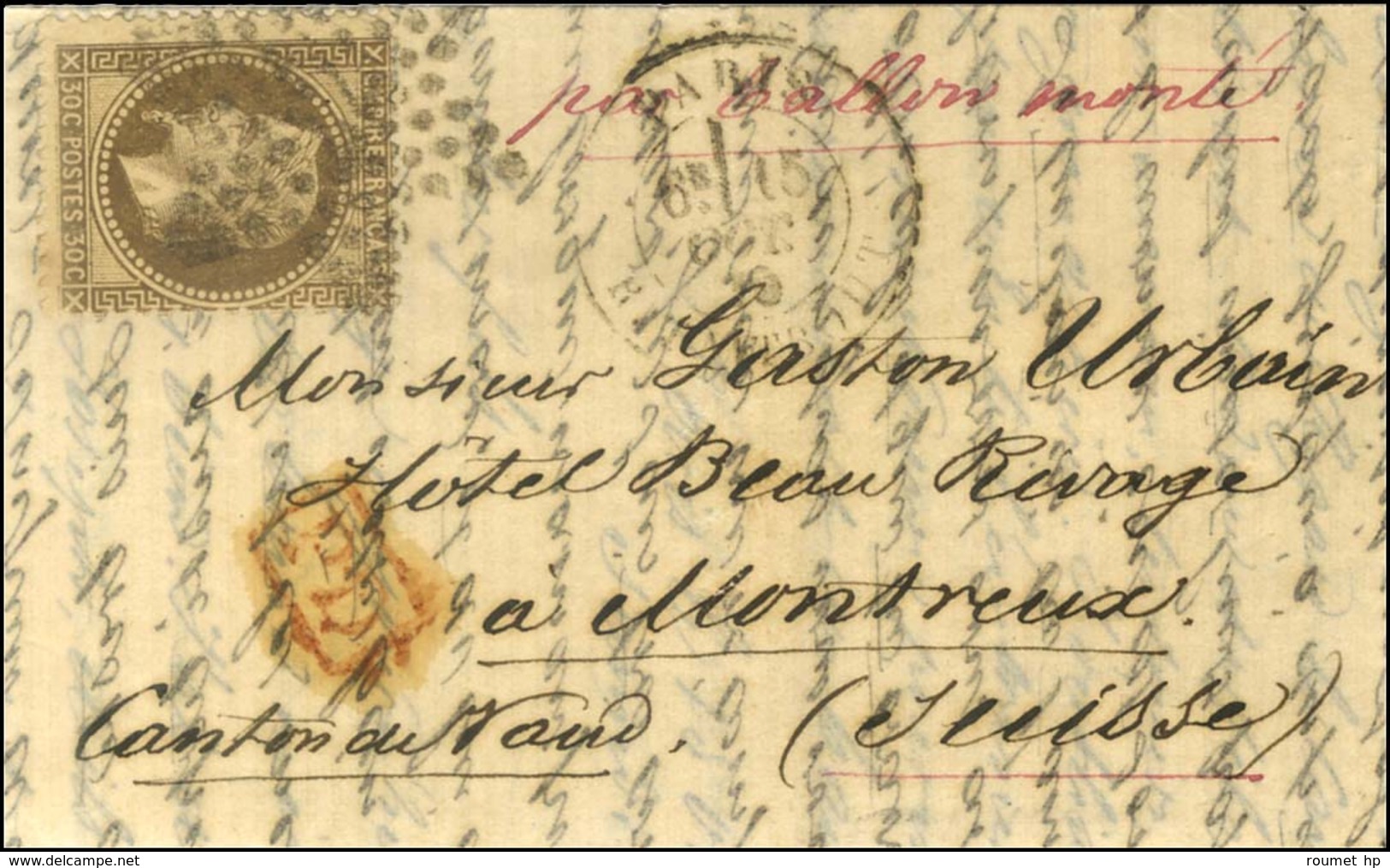 Etoile 22 / N° 30 Càd PARIS / R. TAITBOUT 15 OCT. 70 Sur Lettre Pour Montreux Sans Càd D'arrivée. LE VICTOR HUGO Probabl - War 1870