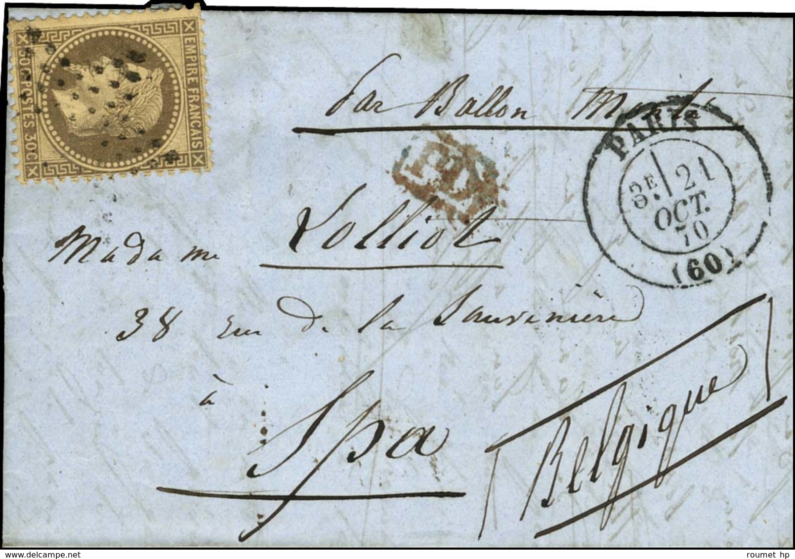 Etoile / N° 30 Càd PARIS (60) 21 OCT. 70 Sur Lettre Pour Spa. Au Verso, Càd D'arrivée 2 NOV. 70. LE GARIBALDI. - TB / SU - Oorlog 1870