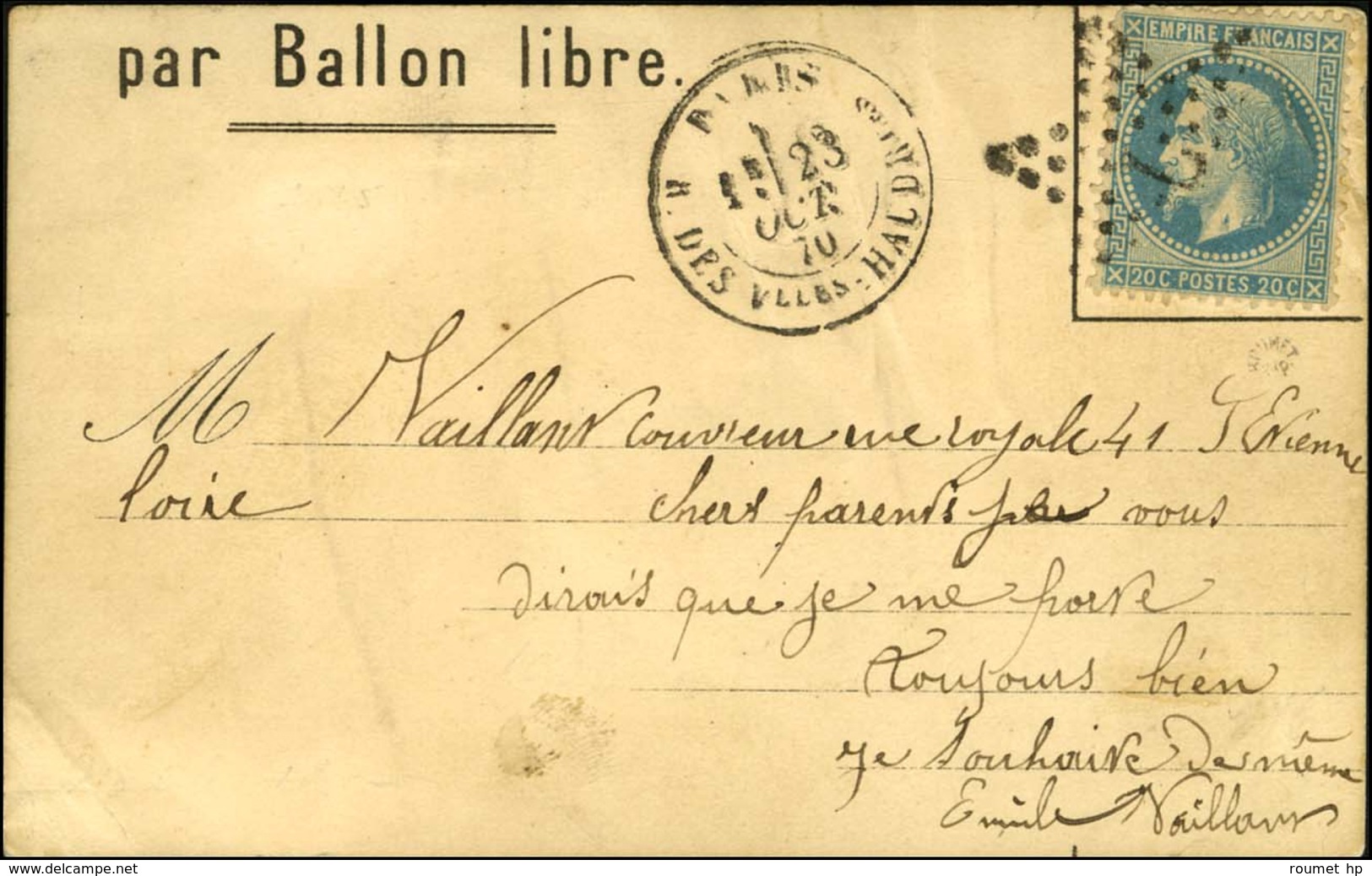 Etoile 7 / N° 29 Càd PARIS / R. DES Vlles HAUDRes 23 OCT. 70 Sur Carte PAR BALLON LIBRE Pour St Etienne Sans Càd D'arriv - Oorlog 1870