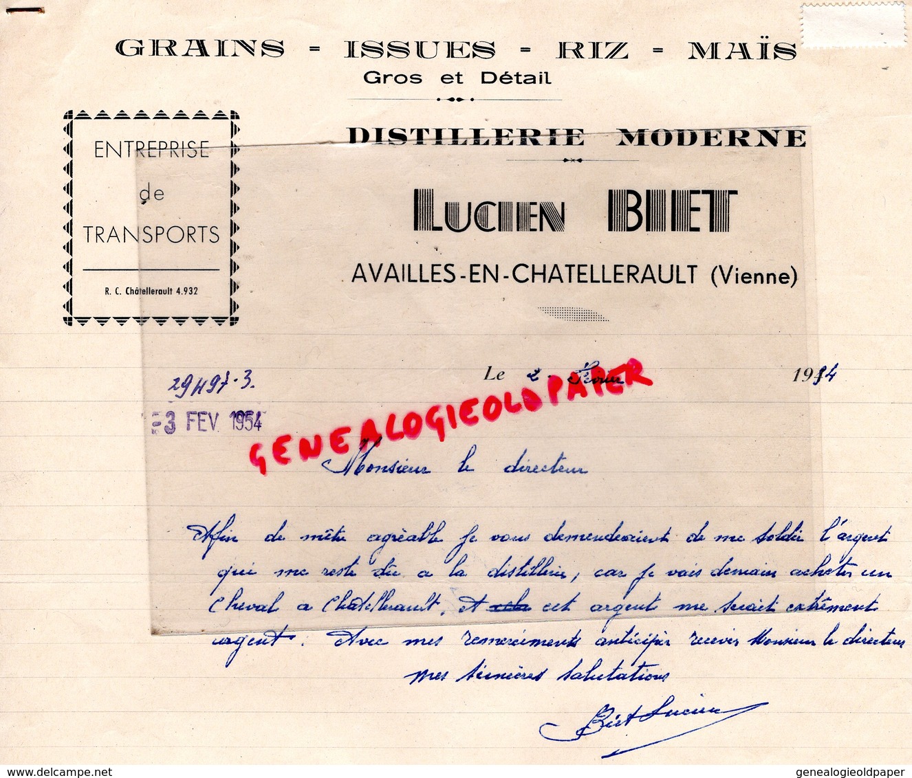 86- AVAILLES EN CHATELLERAULT- RARE FACTURE LUCIEN BIET -DISTILLERIE MODERNE-GRAINS ISSUES RIZ-MAIS-1954 - Agriculture