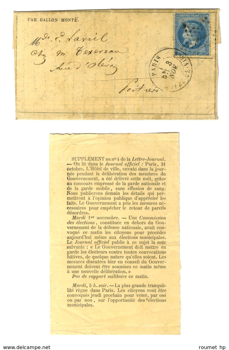 Etoile 13 / N° 29 Càd PARIS / HOTEL DE VILLE 3 NOV. 70 Sur Gazette Des Absents N° 4 + Supplément Pour Poitiers. Au Verso - Oorlog 1870