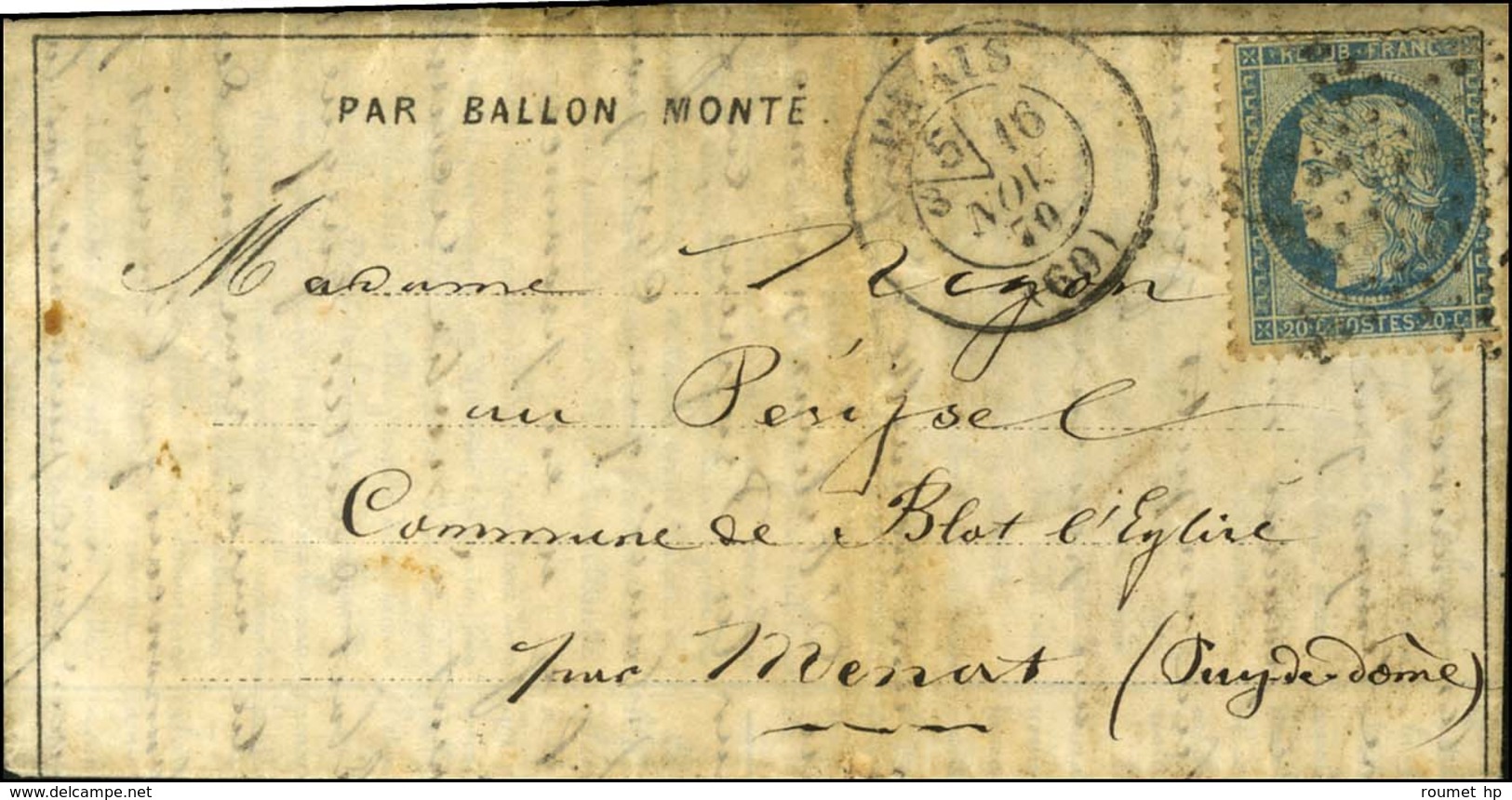Etoile / N° 37 Càd PARIS (60) 16 NOV. 70 Sur Dépêche-ballon N° 6 Pour Menat (Puy De Dôme), Au Verso Càd D'arrivée 27 NOV - Oorlog 1870