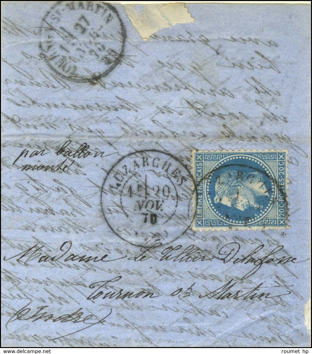 Lettre Avec Texte Daté De Paris Le 12 Novembre Au Matin Adressée à Tournon St Martin. Càd T 17 LUZARCHES (72) 20 NOV. 70 - Oorlog 1870