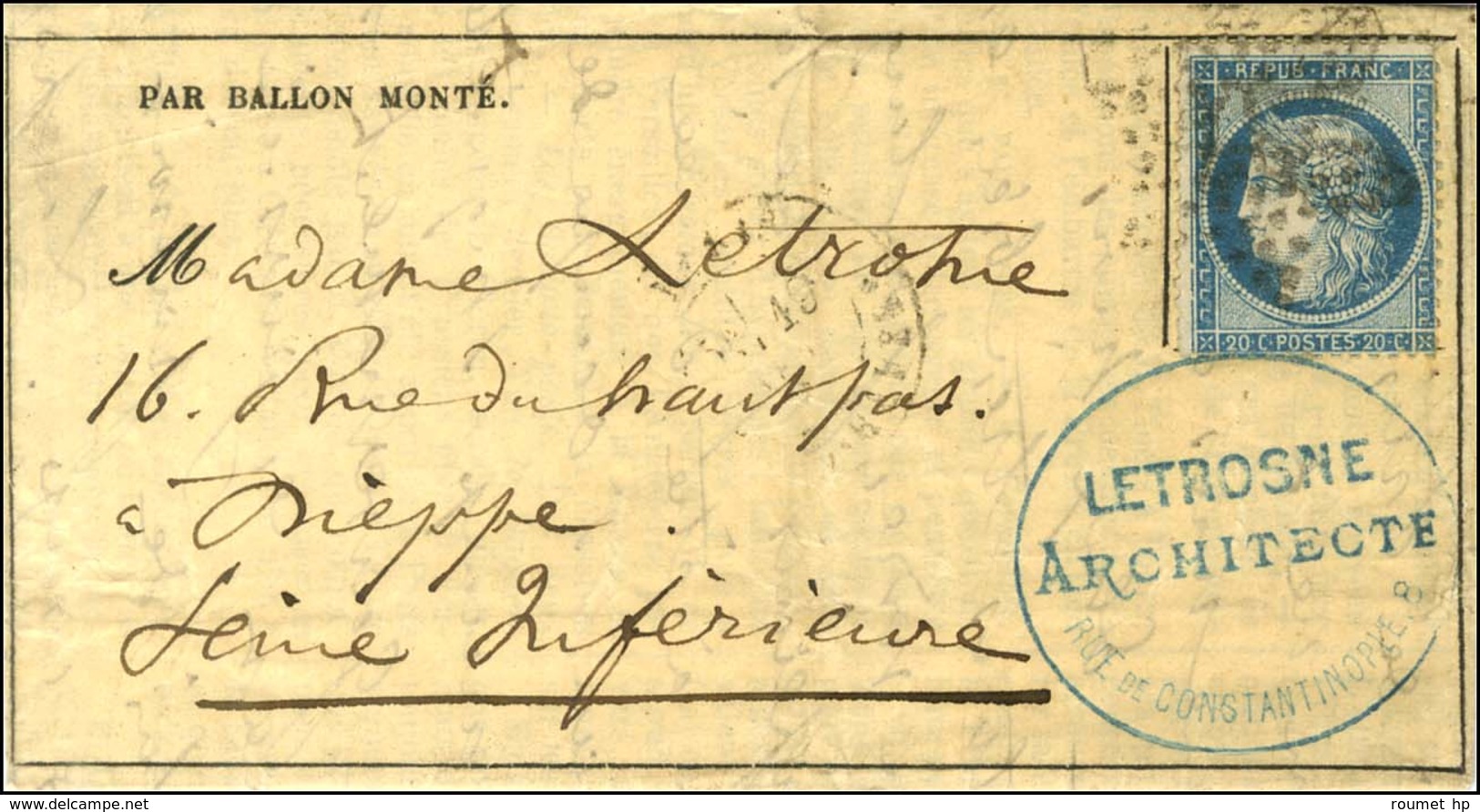 Etoile 37 / N° 37 Càd PARIS / BT MALHESHERBES 19 NOV. 70 Sur Gazette Des Absents N° 9 Pour Dieppe. Au Verso, Càd D'arriv - War 1870