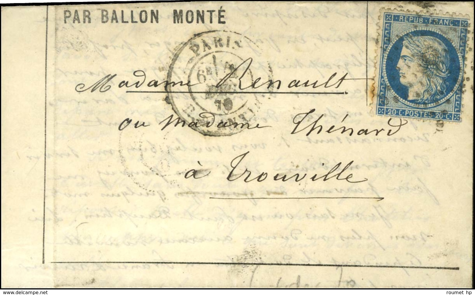 Etoile 8 / N° 37 Càd PARIS / R. D'ANTIN 2 DEC. 70 Sur Formule Orlandi Pour Trouville. Au Verso, Càd CAEN A PARIS 8 DEC.  - Oorlog 1870