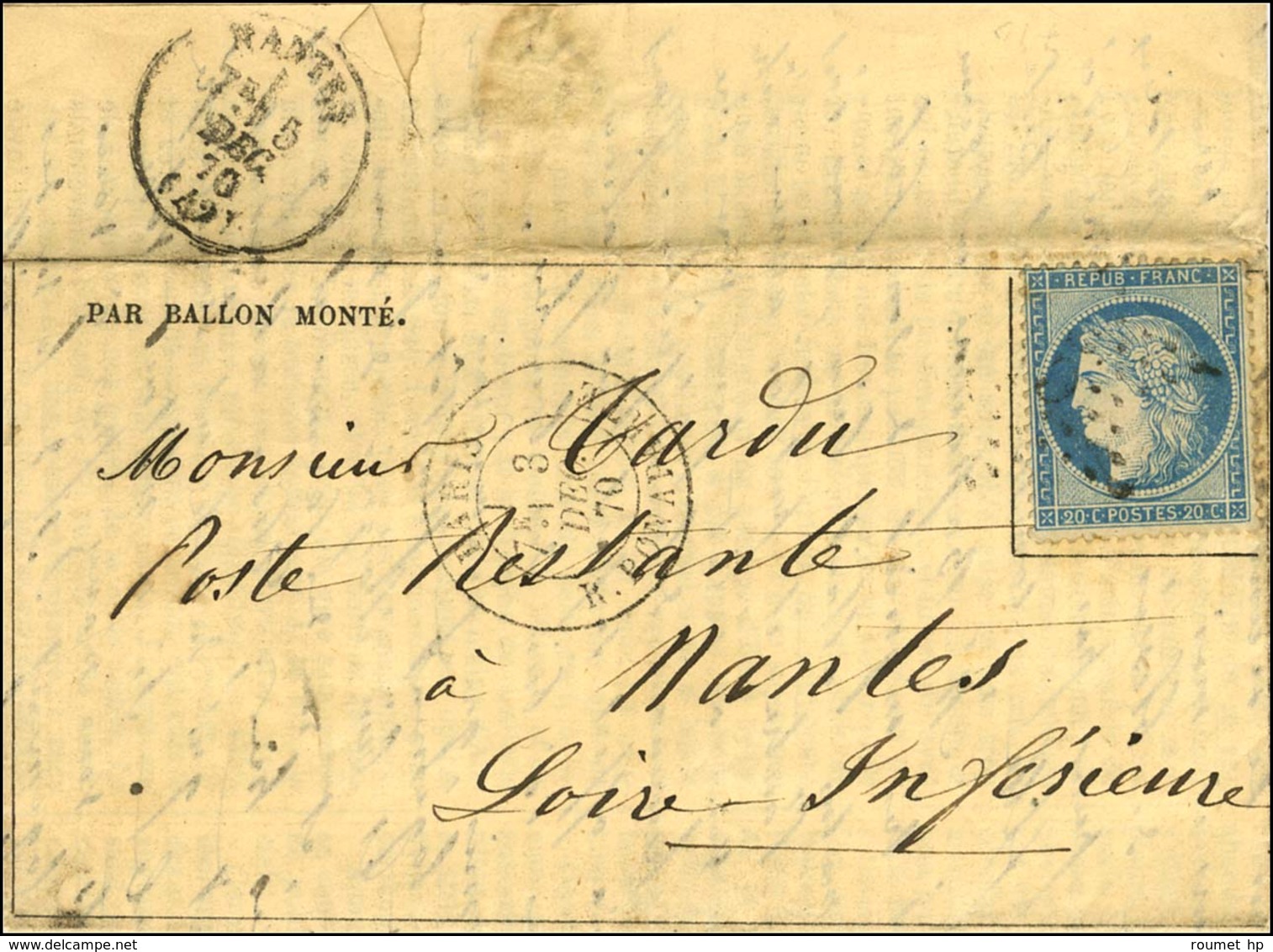 Etoile / N° 37 Càd PARIS / R. BONAPARTE 3 DEC. 70 Sur Gazette Des Absents N° 13 Pour Nantes. Au Verso, Càd D'arrivée 5 D - Oorlog 1870