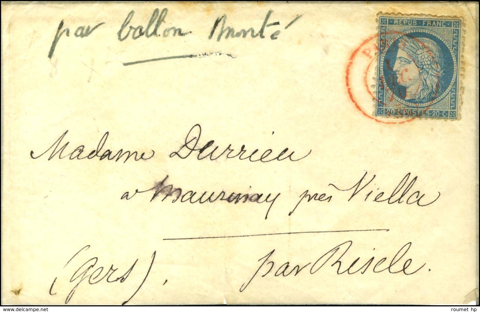 Càd Rouge PARIS SC 1 DEC. 70 / N° 37 Sur Enveloppe Sans Correspondance Adressée à Viella (Gers) Par Riscle. Au Verso, Cà - Oorlog 1870