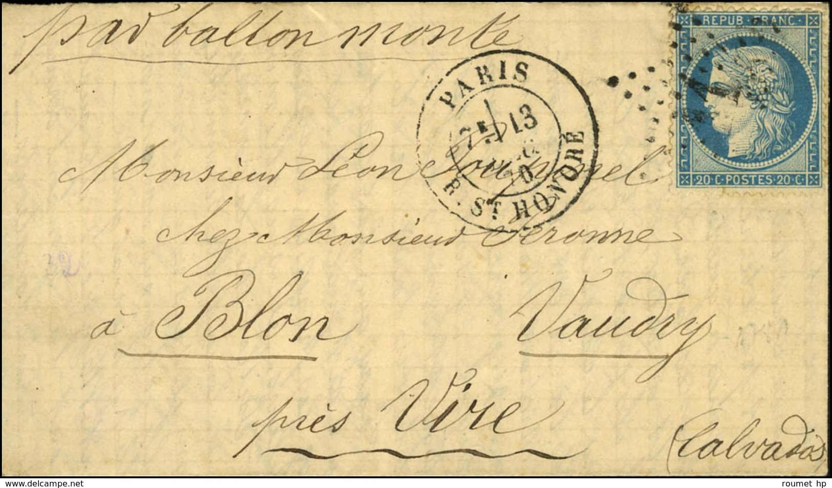 Etoile 11 / N° 37 Càd PARIS / R. ST HONORE 13 DEC. 70 Sur Lettre Pour Vire Sans Càd D'arrivée. Courrier Saisi Du VILLE D - Oorlog 1870