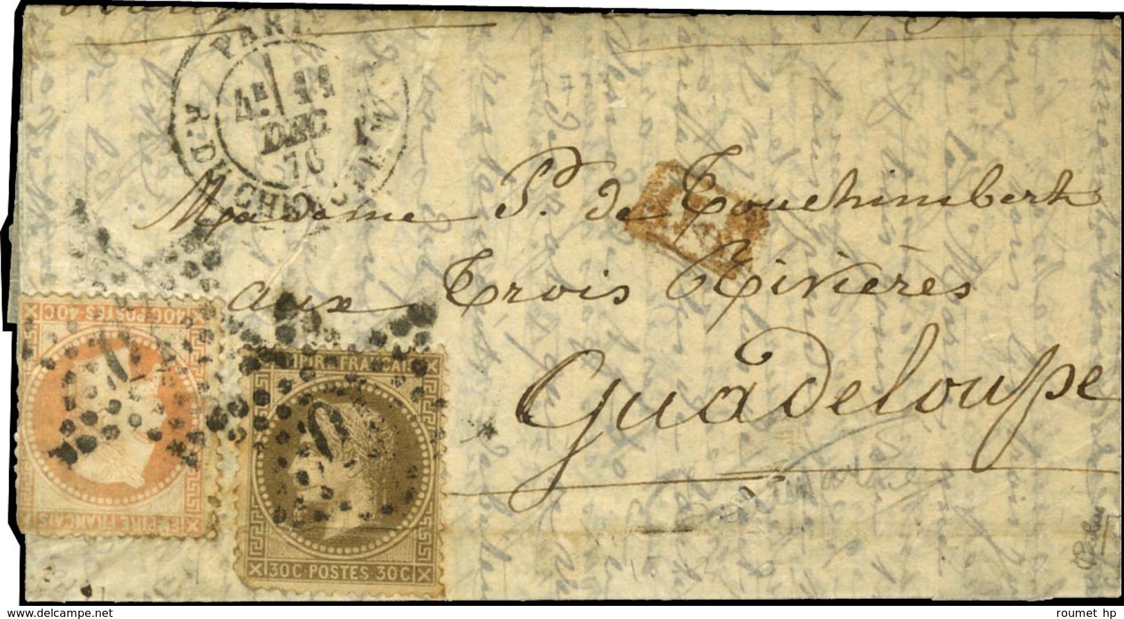 Etoile 10 / N° 30 + 31 Càd PARIS / R. DU CHERCHE MIDI 11 DEC. 70 Sur Lettre Pour Trois Rivières (Guadeloupe). Exceptionn - Oorlog 1870