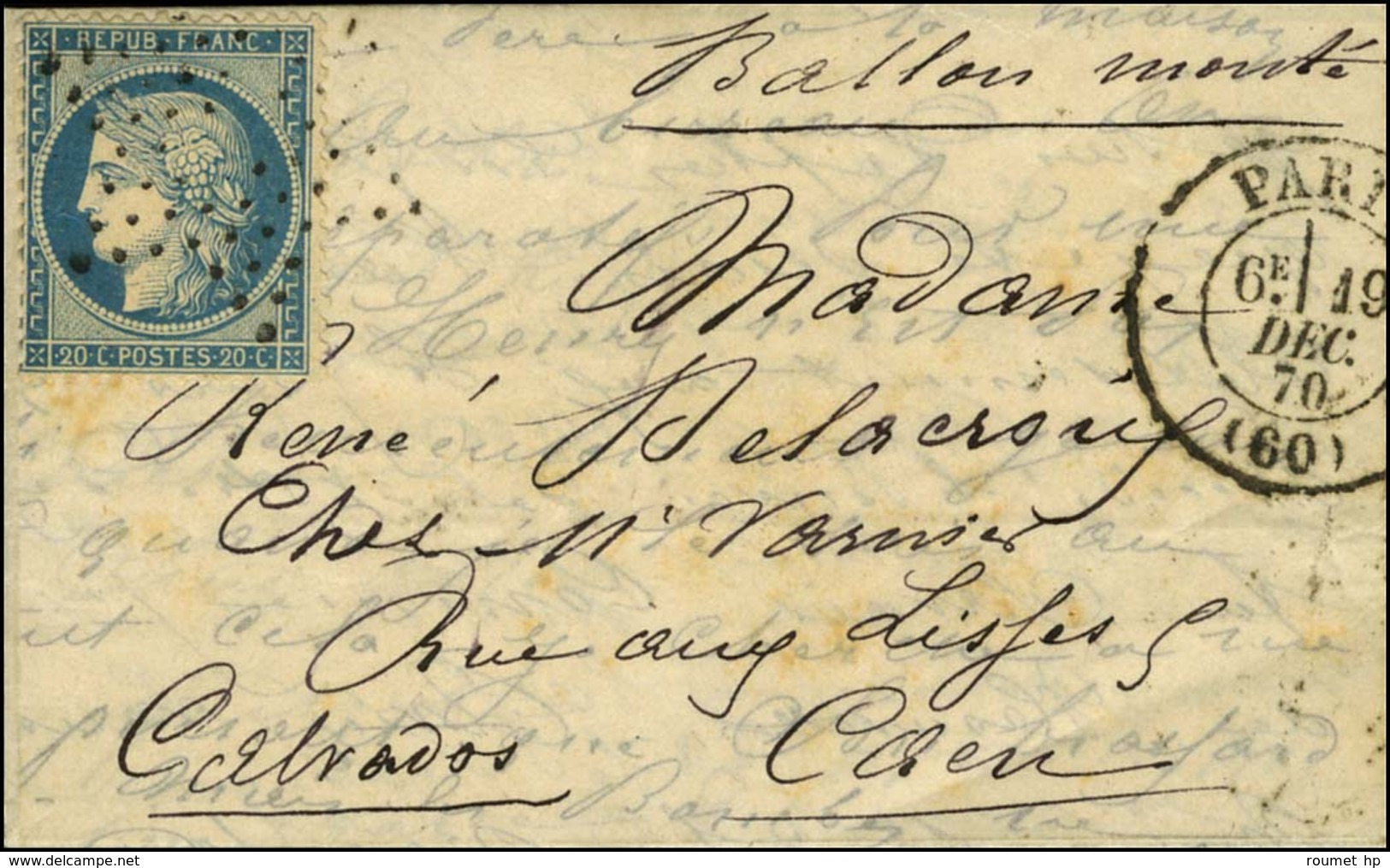 Etoile évidée / N° 37 Càd PARIS (60) 19 DEC. 70 Sur Lettre Avec Bon Texte Historique Pour Caen. Au Verso, Càd D'arrivée  - Oorlog 1870