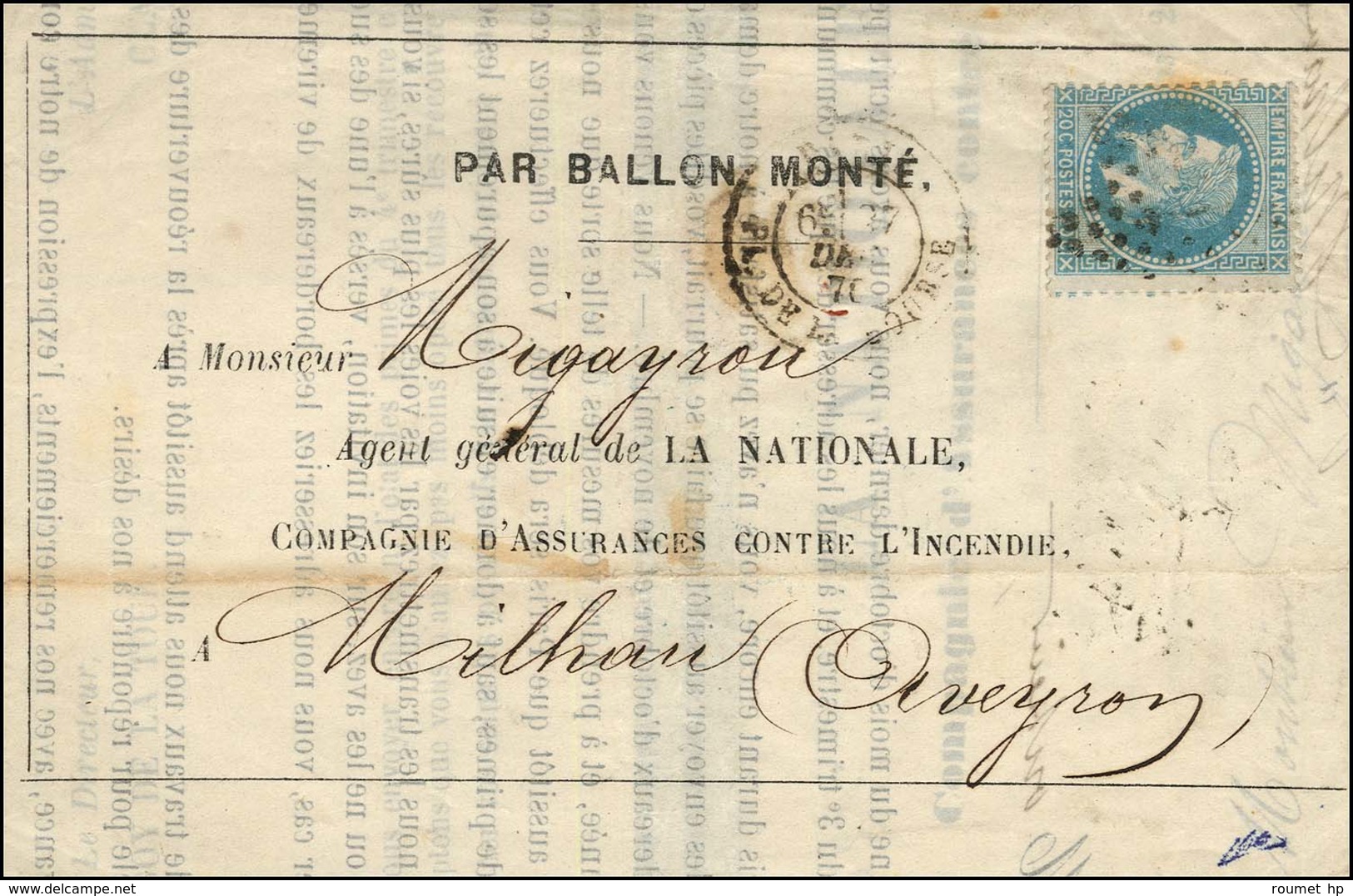 Etoile 1 / N° 29 Càd PARIS / PL. DE LA BOURSE 27 DEC. 70 Sur Une Circulaire ' La Nationale ' Pour Milhau (Aveyron). Au V - Oorlog 1870