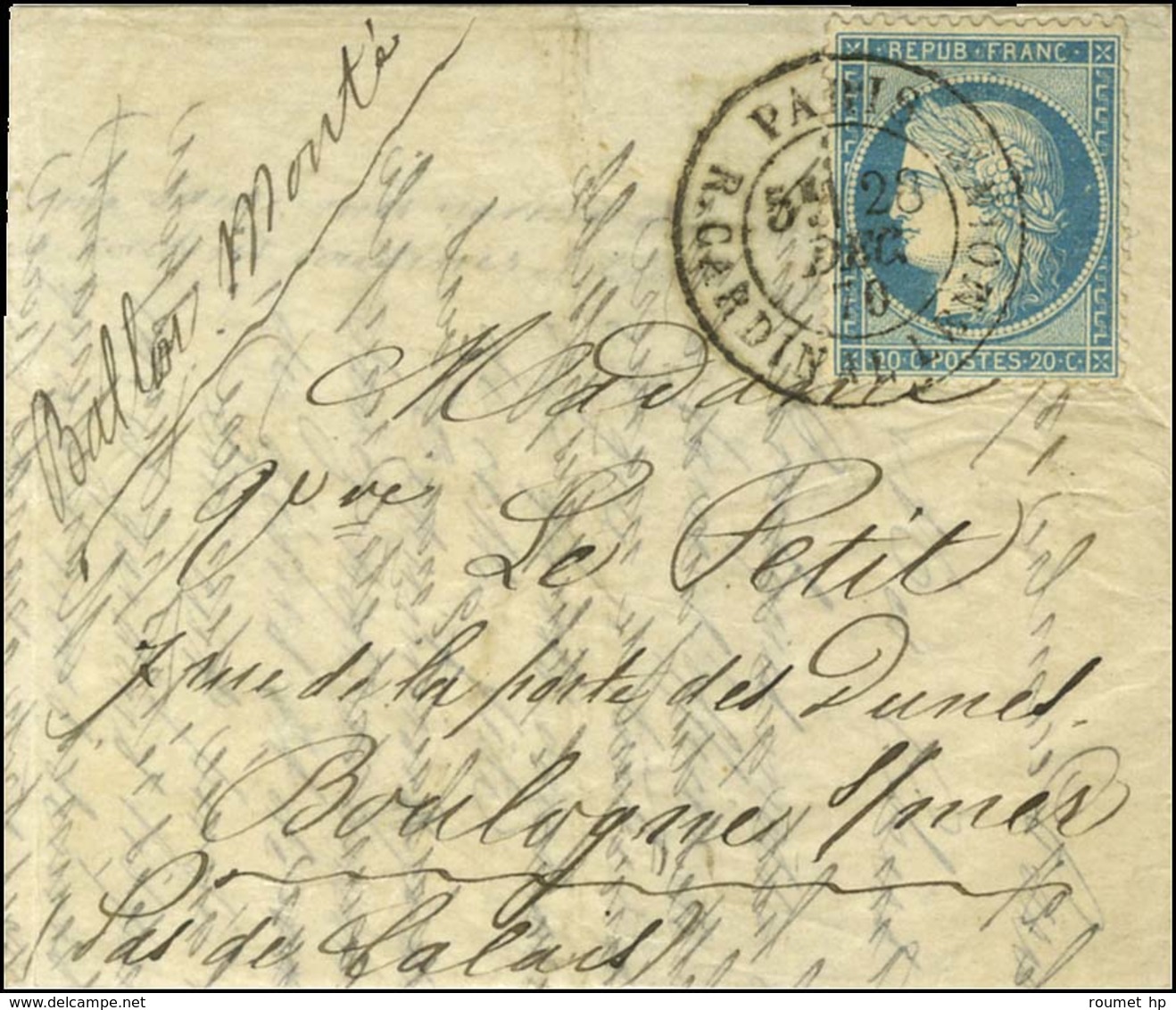 Càd PARIS / R. CARDINAL LEMOINE 28 DEC. 70 5e Levée / N° 37 Sur Lettre Pour Boulogne Sur Mer. Au Verso, Càd D'arrivée 3  - Oorlog 1870