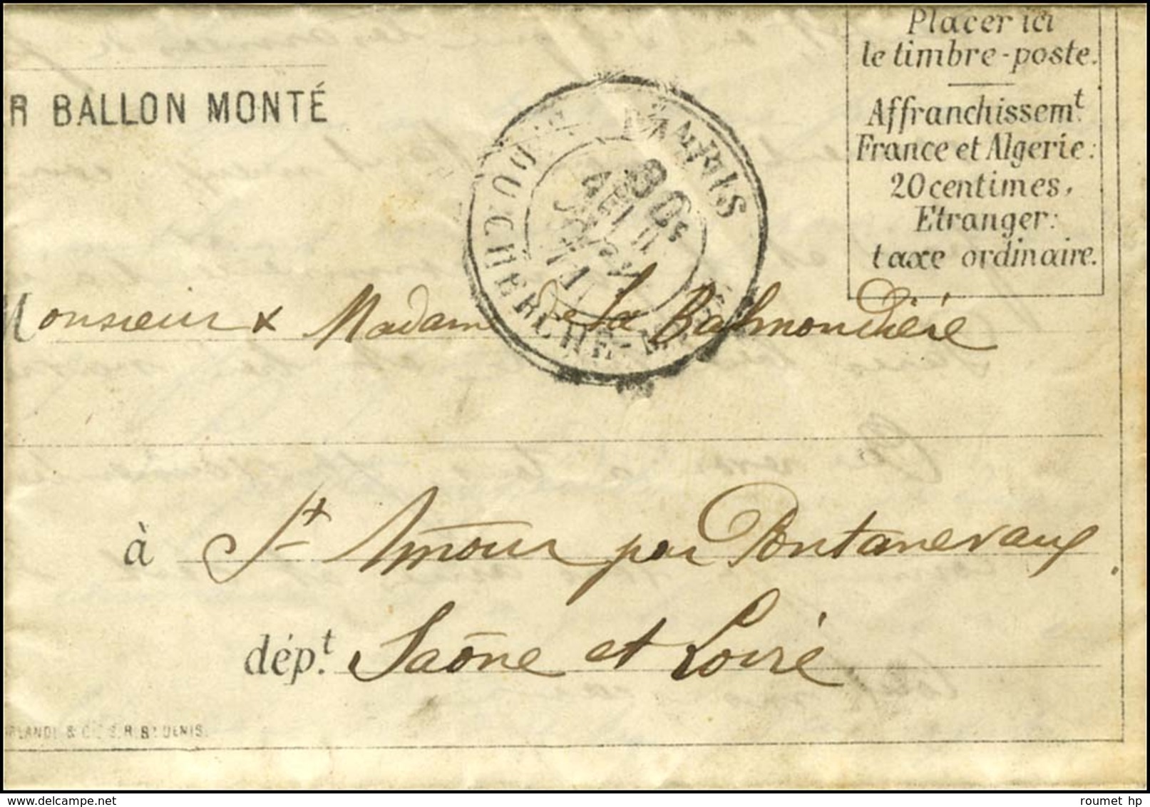 Càd Taxe 30c. PARIS / R. DU CHERCHE-MIDI 9 JANV. 71 (4e Levée) Sur Lettre Avec Texte Daté De Montrouge Pour Pontanevaux  - Oorlog 1870