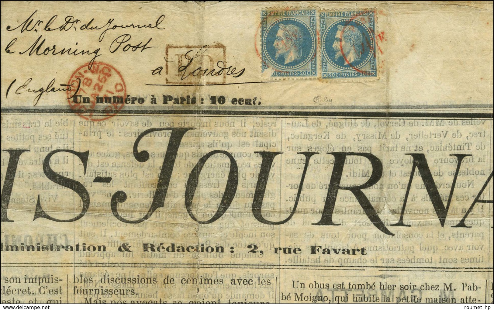 Càd Rouge PARIS SC 18 JANV. 71 / N° 29 (2, 1 Ex. Def) Sur Journal Entier '' Paris-Journal '' Pour '' Le Morning Post ''  - Guerre De 1870