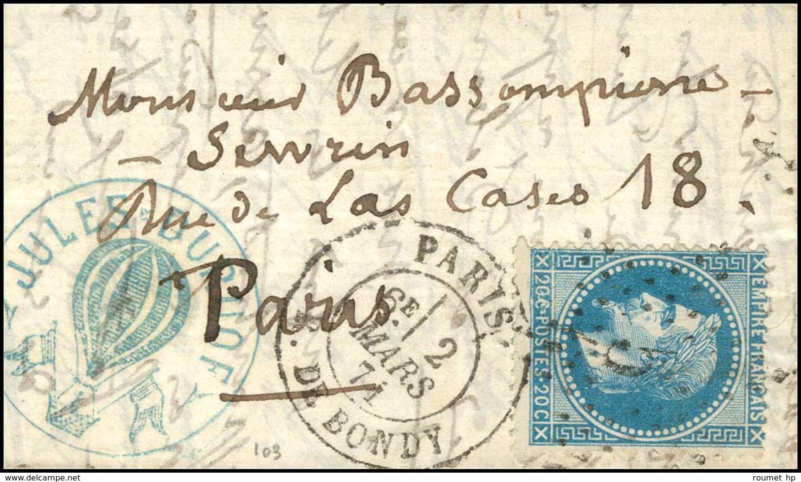 Lettre Avec Texte Daté De Tours Le 24 Octobre 1870 Pour Paris Assiégé Avec Très Rare Cachet Bleu Avec Ballon JULES DURUO - Oorlog 1870