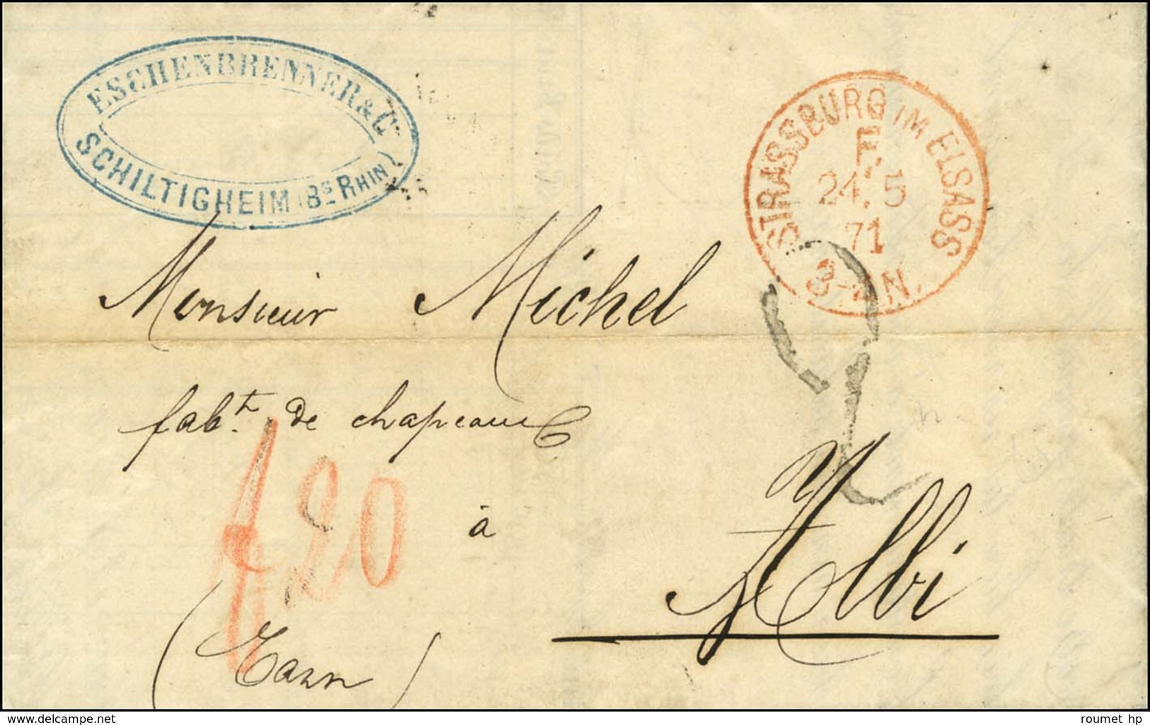 Càd Rouge STRASSBURG IM ELSASS / F Sur Lettre Pour Albi, Taxe Tampon 2. 1871. - TB / SUP. - Oorlog 1870