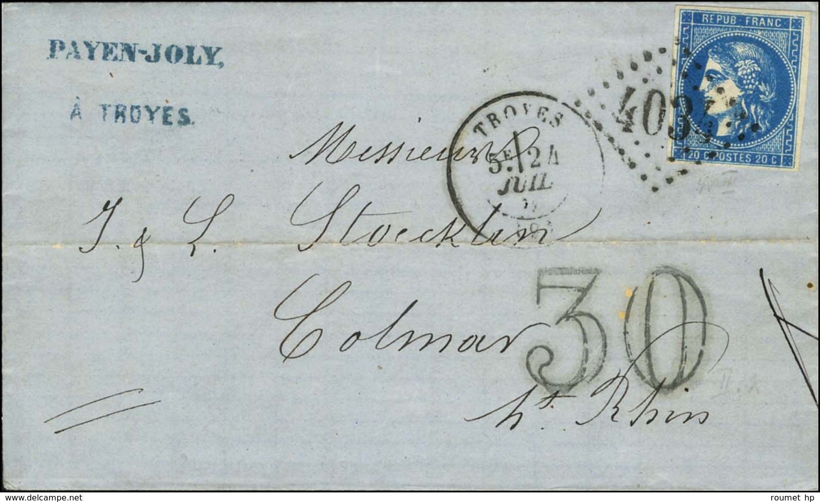 GC 4034 / N° 46 Càd T 17 TROYES (9) Sur Lettre Pour Colmar. Au Recto, Taxe 30 DT. 1871. - SUP. - Oorlog 1870