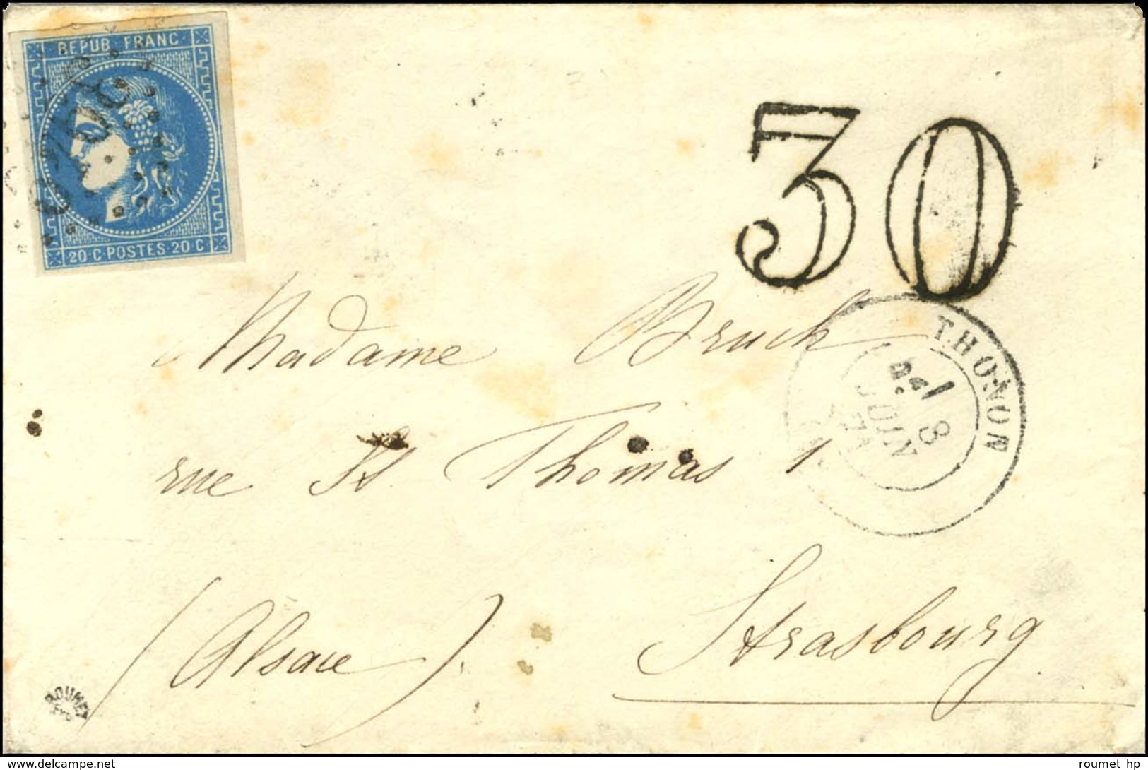 GC 3949 / N° 46 Càd T 17 THONON (89) Sur Lettre Pour Strasbourg. Au Recto, Taxe 30 DT Noire. 1871. - TB. - Oorlog 1870