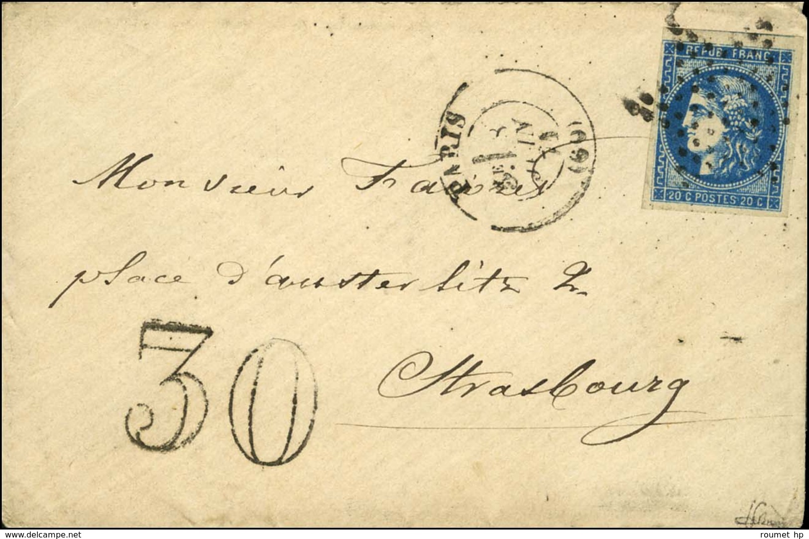 Etoile / N° 46 Bleue Foncée Càd PARIS (60) Sur Lettre Pour Strasbourg. Au Recto, Taxe 30 DT Noire. 1871. - TB. - Oorlog 1870